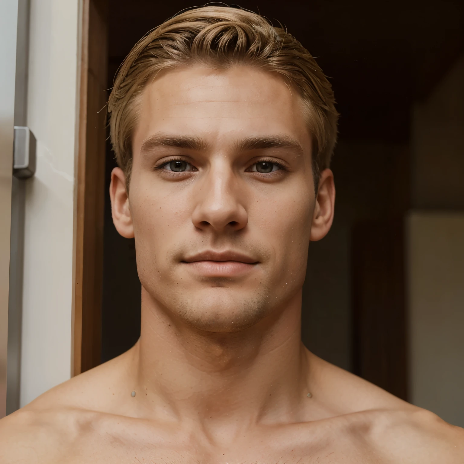 Give a generated image of goodlooking british man, with blonde hair and brown eyes. 190 cm tall, and have and atlethic build. He's a soldier