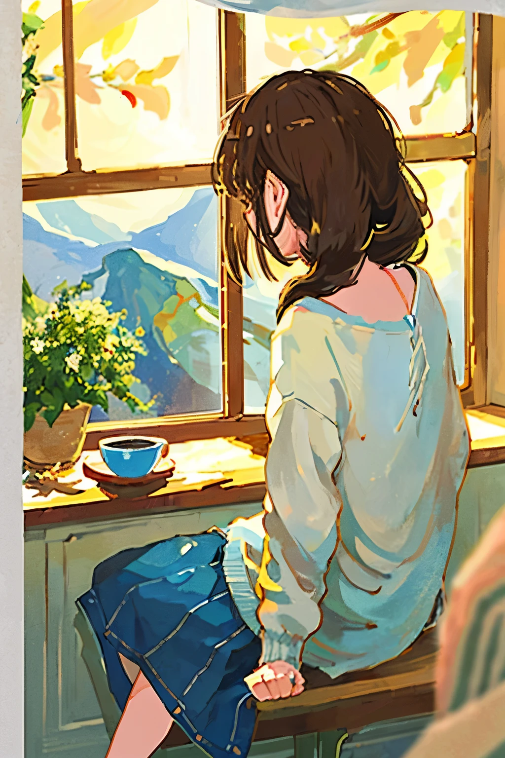 High-quality, Ghibli Studio style art of a girl sitting beside her room window, sipping hot coffee from a delicate porcelain cup. The room is softly lit, with the sun casting a warm, golden glow through the transparent window panes. Her long, wavy hair cascades down her back, slightly messy from the morning breeze. She wears a comfortably loose sweater and a pair of jeans, the faded denim complementing the wooden floor beneath her.
In the background, you can see the familiar Ghibli landscape - a quiet, peaceful town nestled among the rolling hills and picturesque mountains. The girl's expression is serene, her gaze fixed on the tranquil