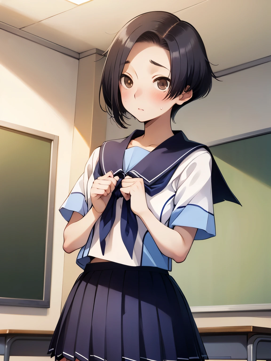 NSFW,Aarinko、short hair、Black Hair、Bobcut、Serafuku、Sailor collar、Blue neckerchief、White Shirt、Short sleeve、Pleated skirt、Blue Skirt,Embarrassed,blush,(Perfect hands),(Perfect Anatomy),(masterpiece),(highest quality),Looking up,Lonely look,School,classroom