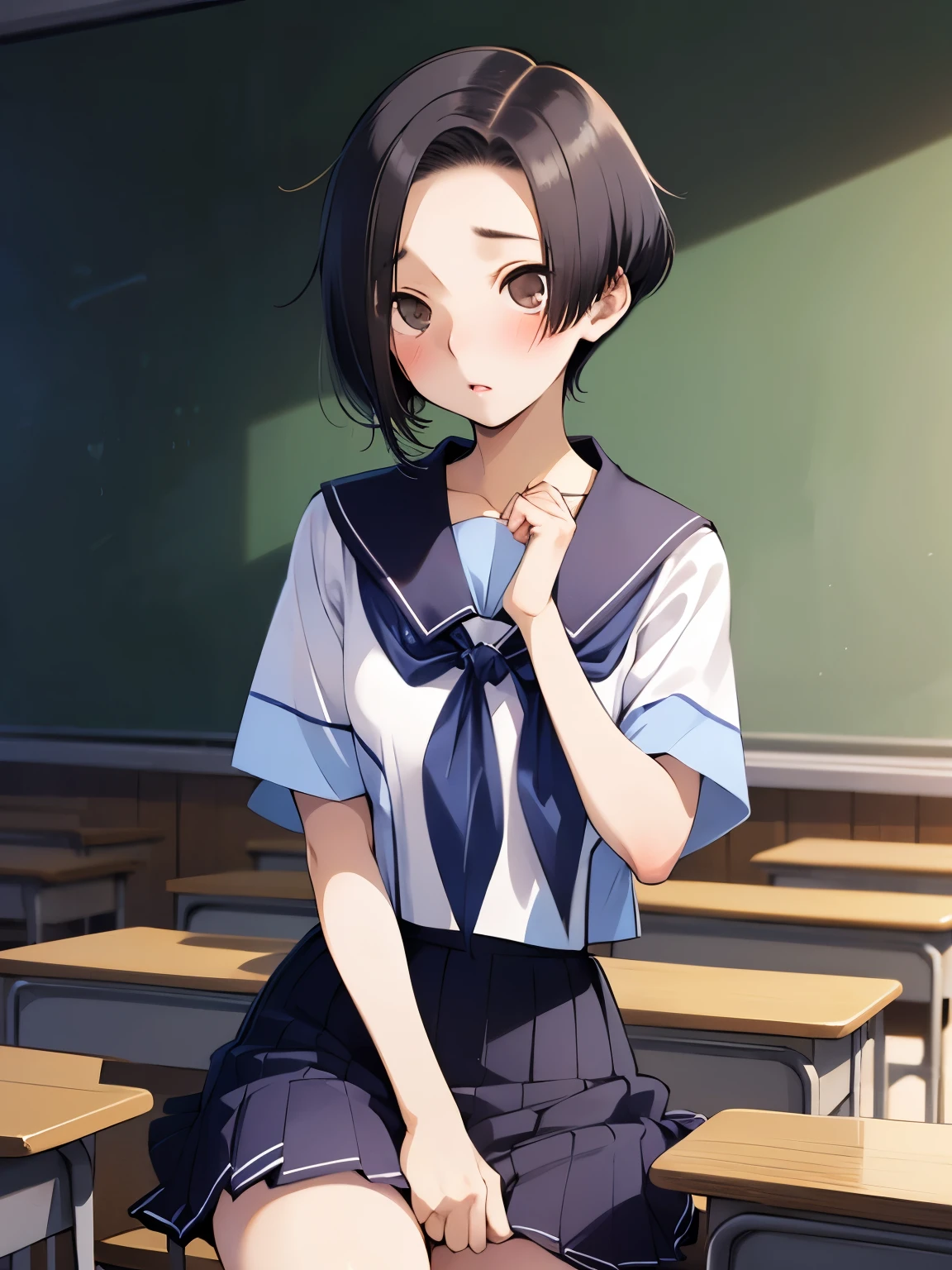 NSFW,Aarinko、short hair、Black Hair、Bobcut、Serafuku、Sailor collar、Blue neckerchief、White Shirt、Short sleeve、Pleated skirt、Blue Skirt,Embarrassed,blush,(Perfect hands),(Perfect Anatomy),(masterpiece),(highest quality),Looking up,Lonely look,School,classroom