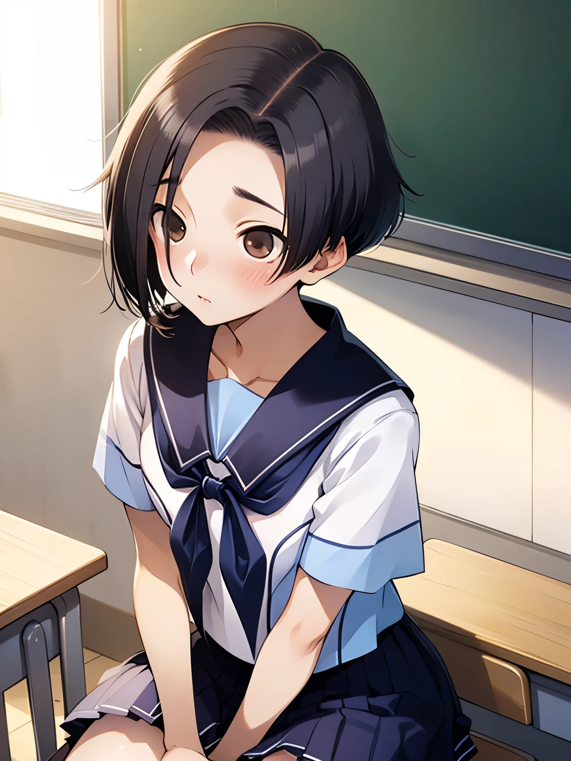 NSFW,Aarinko、short hair、Black Hair、Bobcut、Serafuku、Sailor collar、Blue neckerchief、White Shirt、Short sleeve、Pleated skirt、Blue Skirt,Embarrassed,blush,(Perfect hands),(Perfect Anatomy),(masterpiece),(highest quality),Looking up,Lonely look,School,classroom