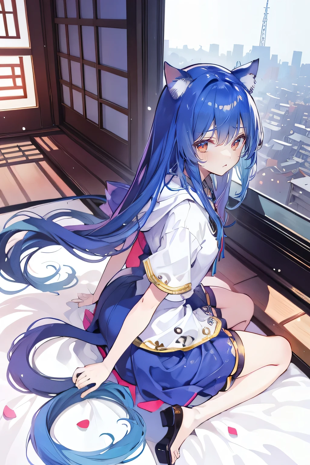 (masterpiece:1.2),Super detailed,lifelike,Expressive eyes,fair skin,perfect face shape,1 girl,
Japanese comics,Gorgeous blue hair,flowing blue hair,flowing clothes,Cat ears,Petals fall,beautiful lola,Baby Angel,
Cross your legs,Gentle and peaceful background,The pavilion is cool and comfortable,smile, wearing hoodie, background of tokyo,back views,snowing, winter.