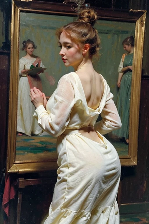 (Masterpiece), (detailed), (high quality), medieval painting of pudgy noble girl, ginger curly hair, tied up in bun, wide hips, white and green dress, pudgy body, weight conscience, big booty