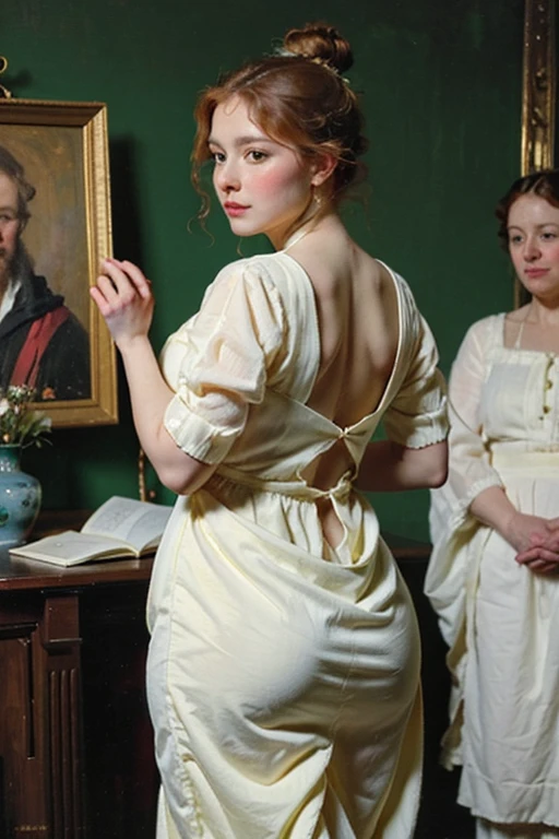 (Masterpiece), (detailed), (high quality), medieval painting of pudgy noble girl, ginger curly hair, tied up in bun, wide hips, white and green dress, pudgy body, weight conscience, big booty
