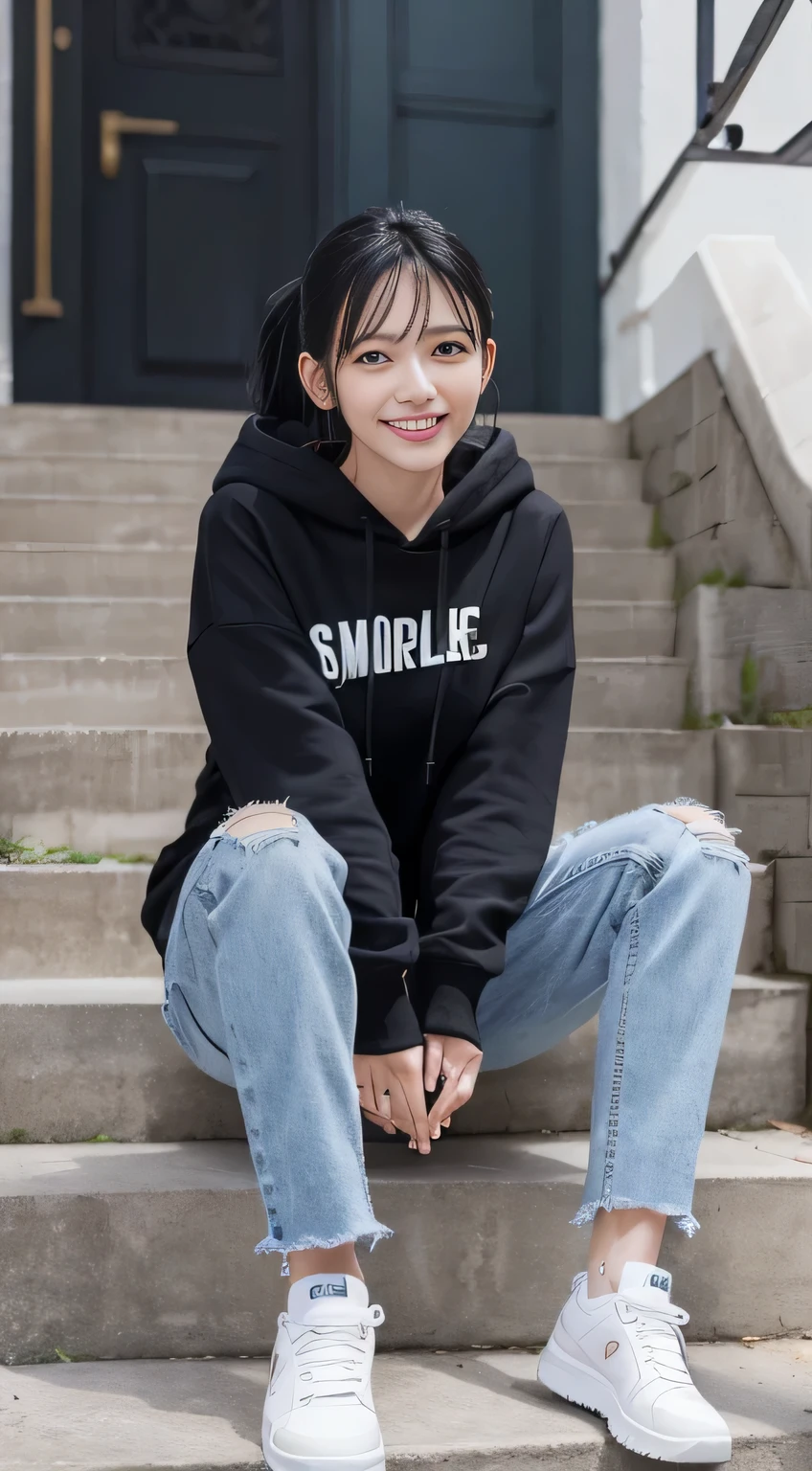highest quality, Realistic, Very detailed, Finer details, High resolution, 8k wallpaper, One beautiful woman,Sit on the stairs、(Wear black socks)smile、(Beautiful teeth alignment、)(Gums are visible) Oversized hoodie, Skinny jeans,( Black sneakers)、Black Hair、 Beautiful Bangs、ear piercing、Perfect dynamic composition, Beautiful and detailed, Full Body Shot, A big smile