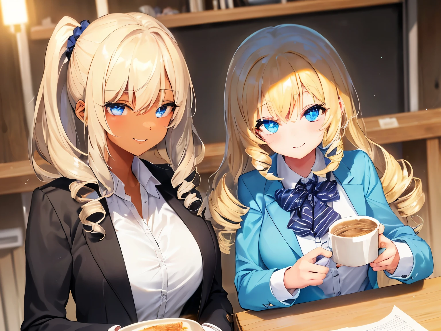 1 girl, Light blonde , thick bluish eyeshadow, thin eyebrows, thick black eyeliner, Highlighted eyes with eyeliner, false eyelashes,,(tanned skin:1.2),Blazer Summer Clothes,Scrunchie,large breasts:0.7,School,gyaru,smile,twin drill