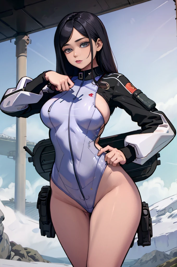 very beautiful young female twin in futuristic jumpsuit with a revolver in each hands in shooting position