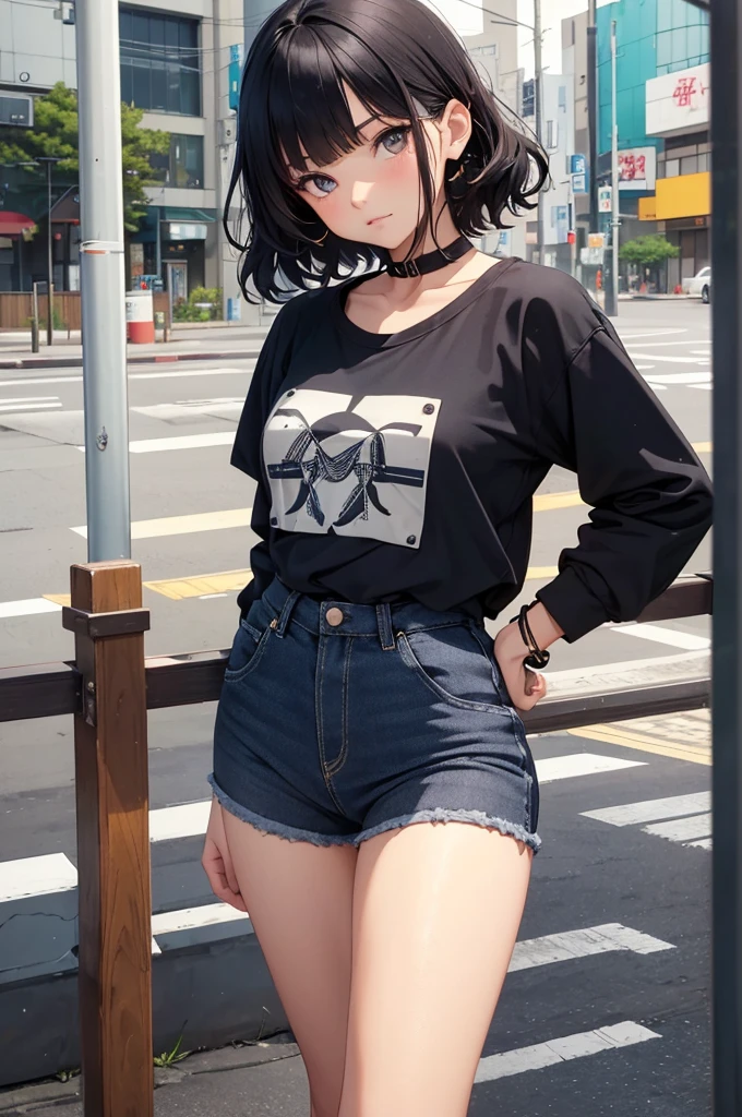 ({Mia},1girl,cute,17yo,beautiful detailed face,(navy hair),(wavy short-hair),parallel eyebrows,navy eyes with large brown irises,blunt bangs,small nose,small mouth, fresh lips,small chin,slender,small breasts,small hip,(5feet tall)),
very happy,
BREAK Oversized organic cotton graphic t-shirt,high-waisted recycled nylon biker shorts,vegan leather high-top sneakers,upcycled hemp newsboy sustainable wooden beaded bracelet,
downtown of tokyo,