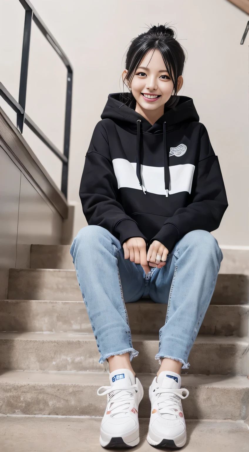 highest quality, Realistic, Very detailed, Finer details, High resolution, 8k wallpaper, One beautiful woman,Sit on the stairs、（Wear black socks）smile、（Beautiful teeth alignment、）（Gums are visible） Oversized hoodie, Skinny jeans,（ Black sneakers）、Black Hair、 Beautiful Bangs、ear piercing、Perfect dynamic composition, Beautiful and detailed, Full Body Shot, A big smile

