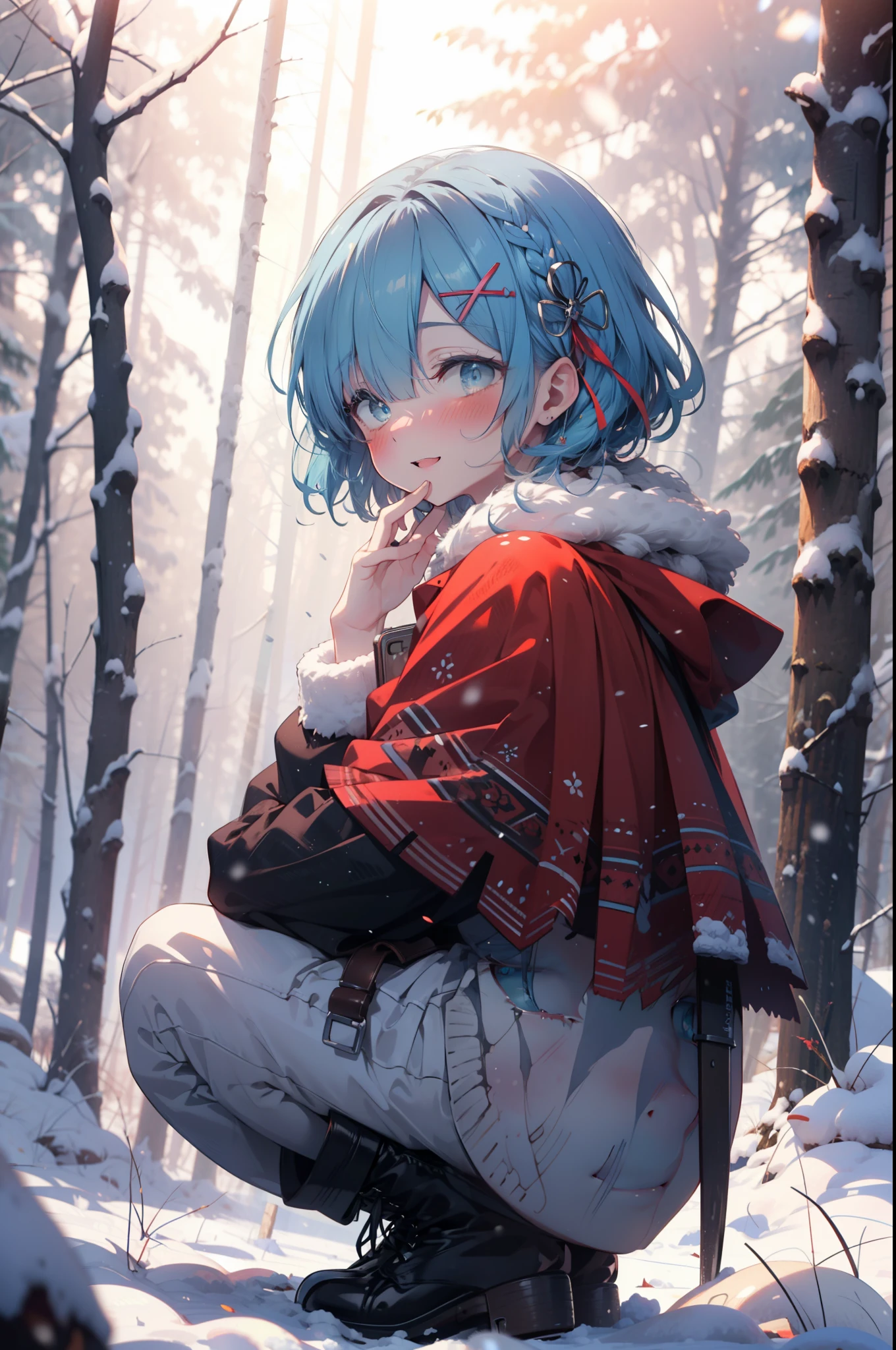 rezeroRem, Rem, blue eyes, Blue Hair, hair ornaments, Hair on one eye, hair ribbon, short hair, x hair ornaments,smile,blush,White Breath,
Open your mouth,snow,Ground bonfire, Outdoor, boots, snowing, From the side, wood, suitcase, Cape, Blurred, having meal, forest, White handbag, nature, Squat, Mouth closed, Cape, winter, Written boundary depth, Black shoes, red Cape break looking at viewer, Upper Body, whole body, break Outdoor, forest, nature, break (masterpiece:1.2), highest quality, High resolution, unity 8k wallpaper, (shape:0.8), (Beautiful and beautiful eyes:1.6), Highly detailed face, Perfect lighting, Highly detailed CG, (Perfect hands, Perfect Anatomy),