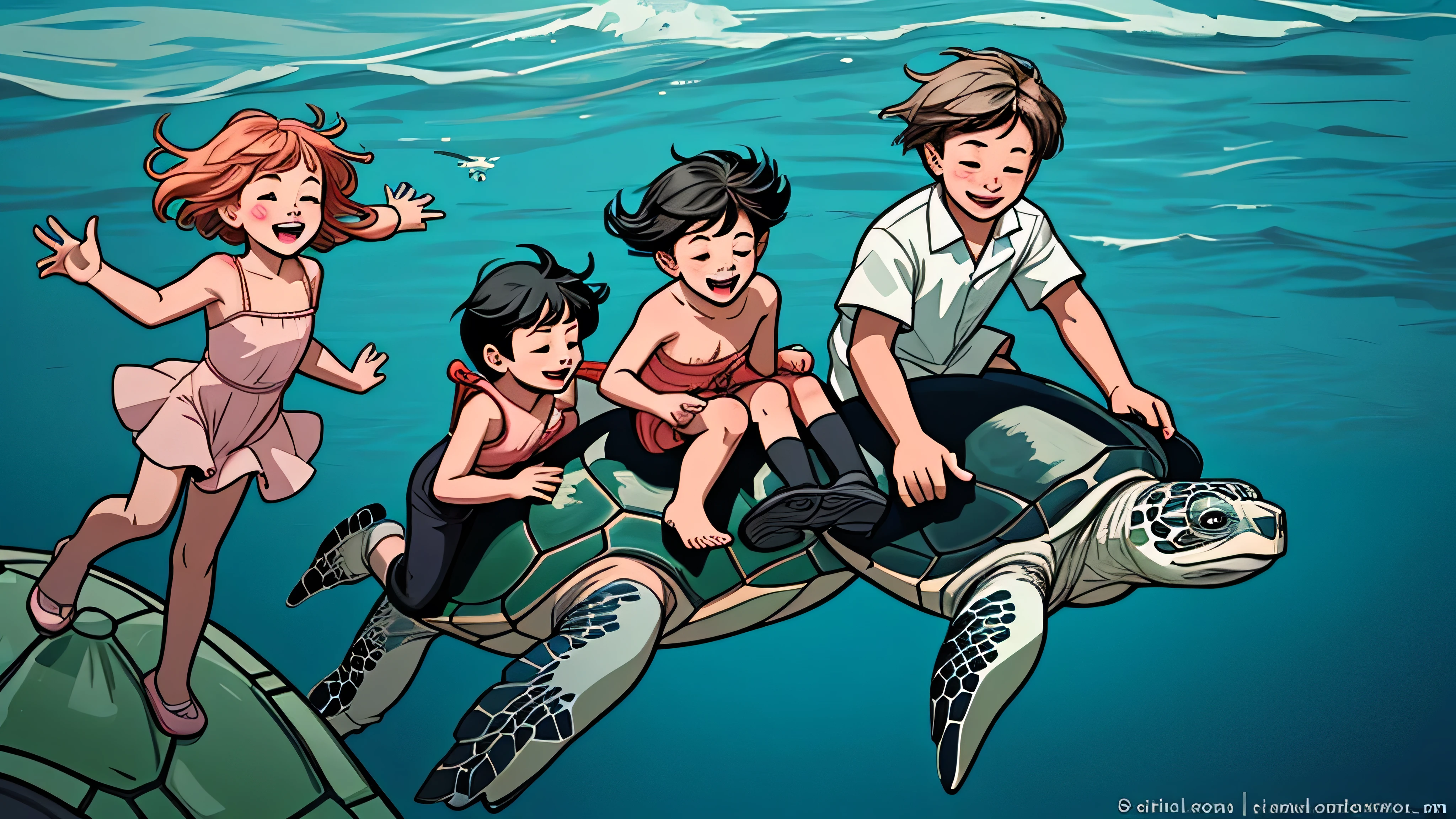 Happy children ride on real sea turtles in the sea. Children's illustration style, minimalism