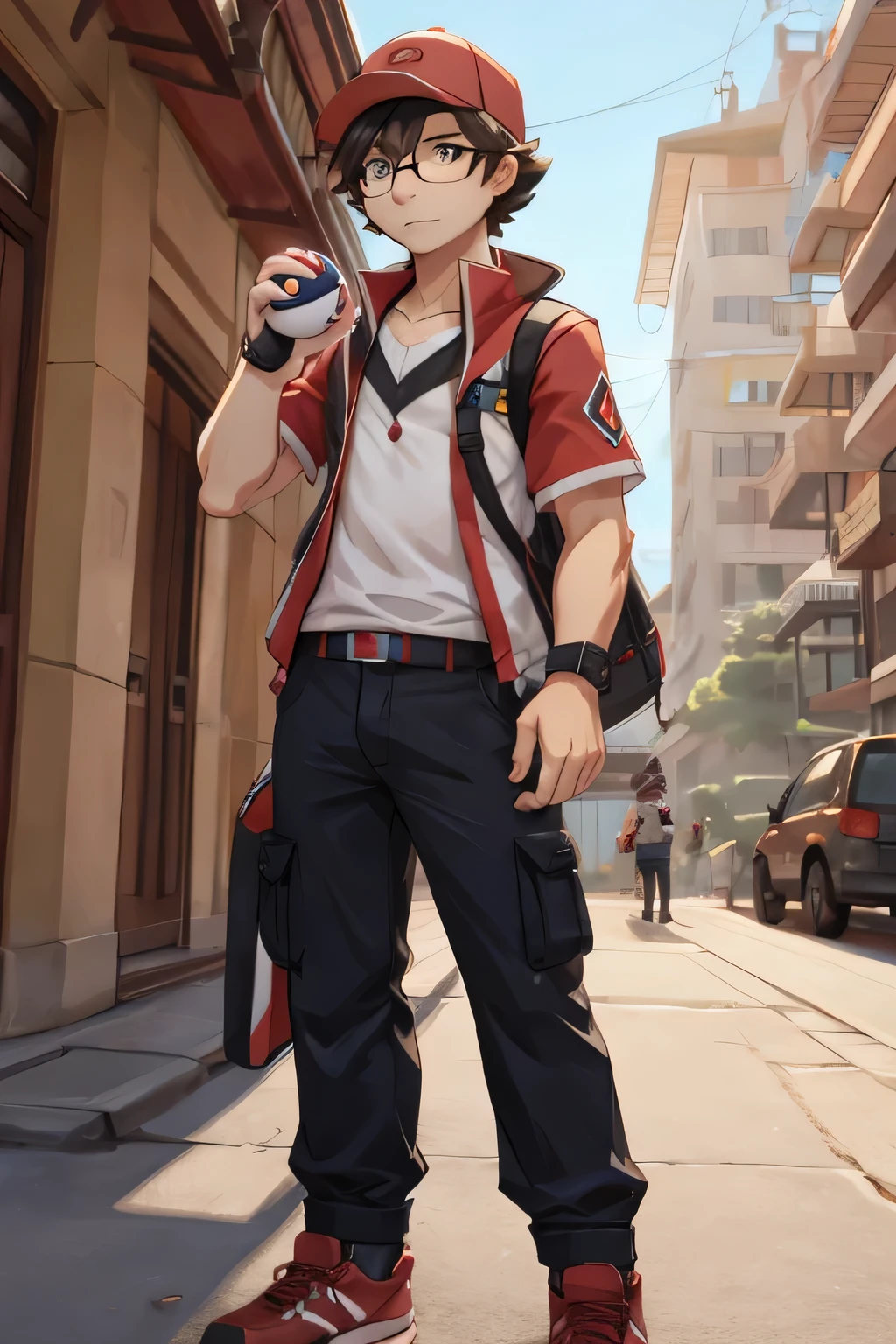 Male pokemon trainer, standing tall holding pokeball, short hair, wearing glasses