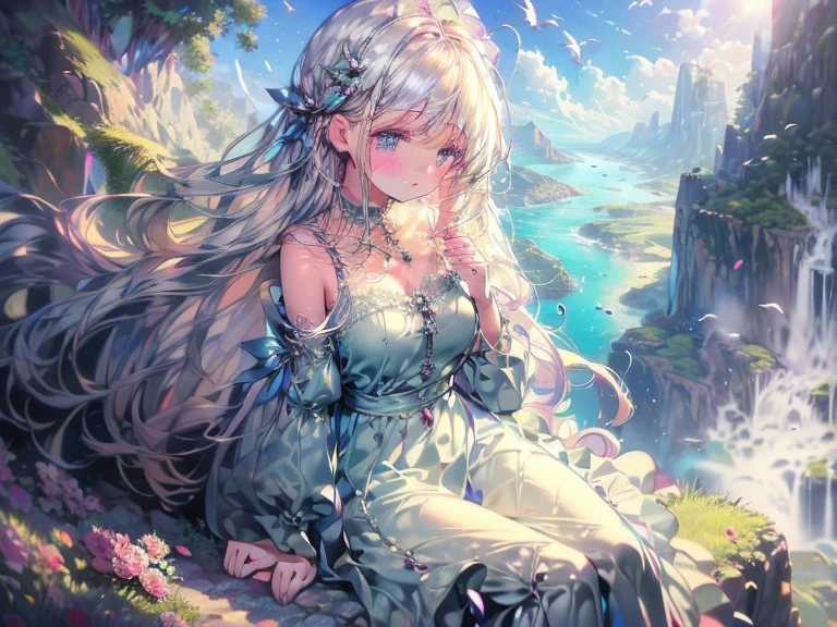Transport yourself to a world of beauty and detail with this amazing prompt. A girl sits at the edge of a cliff, surrounded by a stunning landscape. The natural light creates a dreamy atmosphere, highlighting her cute dress and long hair. She studies intently, her light eyes meeting the viewer's gaze with a hint of embarrassment. In the background, a cascade of waterfalls, birds flying, and a tree with delicate flowers add to the overall enchanting scene.