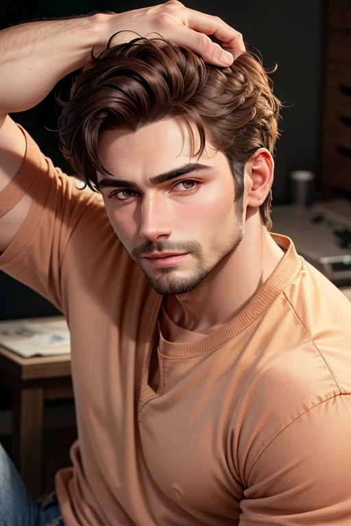 Masterpiece high quality high details realistic face ultra realistic face handsome guy with small trimmed  brown hair and little beard with ear pericieng wearing peach shirt and jeans