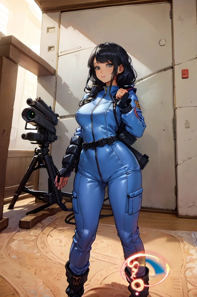 very beautiful young female twin in futuristic jumpsuit with a revolver in each hands in shooting position