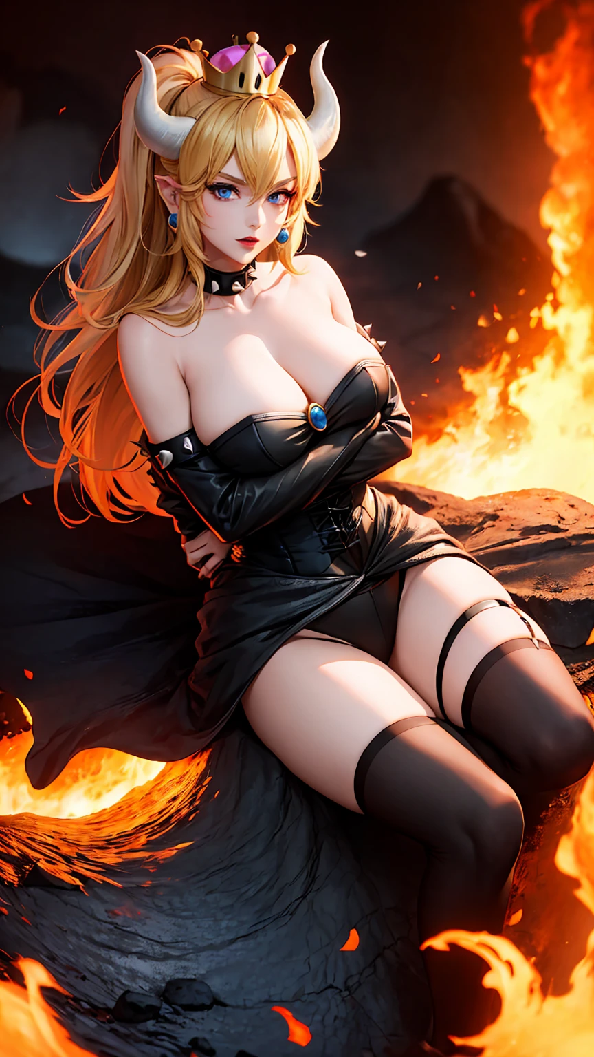 ((high detailed, best quality, 4k, masterpiece, hd:1.3)), ((best quality)), (((HD))), (((8k))), (ultraDH), (ultra HD), Princess Daisy, blue eyes, BREAK blue eyes, seductive, attractive, smooth anime cg art, 36C breasts, long legs, vivid colors, detailed digital art, slim body, perfect skin, dark blonde hair, long hair, blonde hair, blonde hair, BREAK crown, cleavage, 36C cleavage, looking at viewer, BREAK looking at viewer, extremely detailed face, red santa suit, red santa claus suit, santa claus suit, earrings, gem, dark black makeup lips, dark gothic eyeshadows, dark eyeshadows, black eyeshadows, black sexy lips, black lips, (dark:1.2), dark lips, very dark lips, (perfect hands, perfect anatomy), black makeup, black medium lips, black thick lips, detailed fingers, five fingers per hand, 5 fingers, (1 girl), detailed lips, detailed black lips, black painted lips, gothic painted lips, BREAK night, night sky, (breast focus), (arms outstreched:1.2), (from above:1.1), (breasts out:1.3), (off shoulder:1.1), (white horns), (corset), inside a lava castle, she inside a sea of lava, she bathing in lava, full body, perfect long legs, perfect foots, legs and foots into the lava,