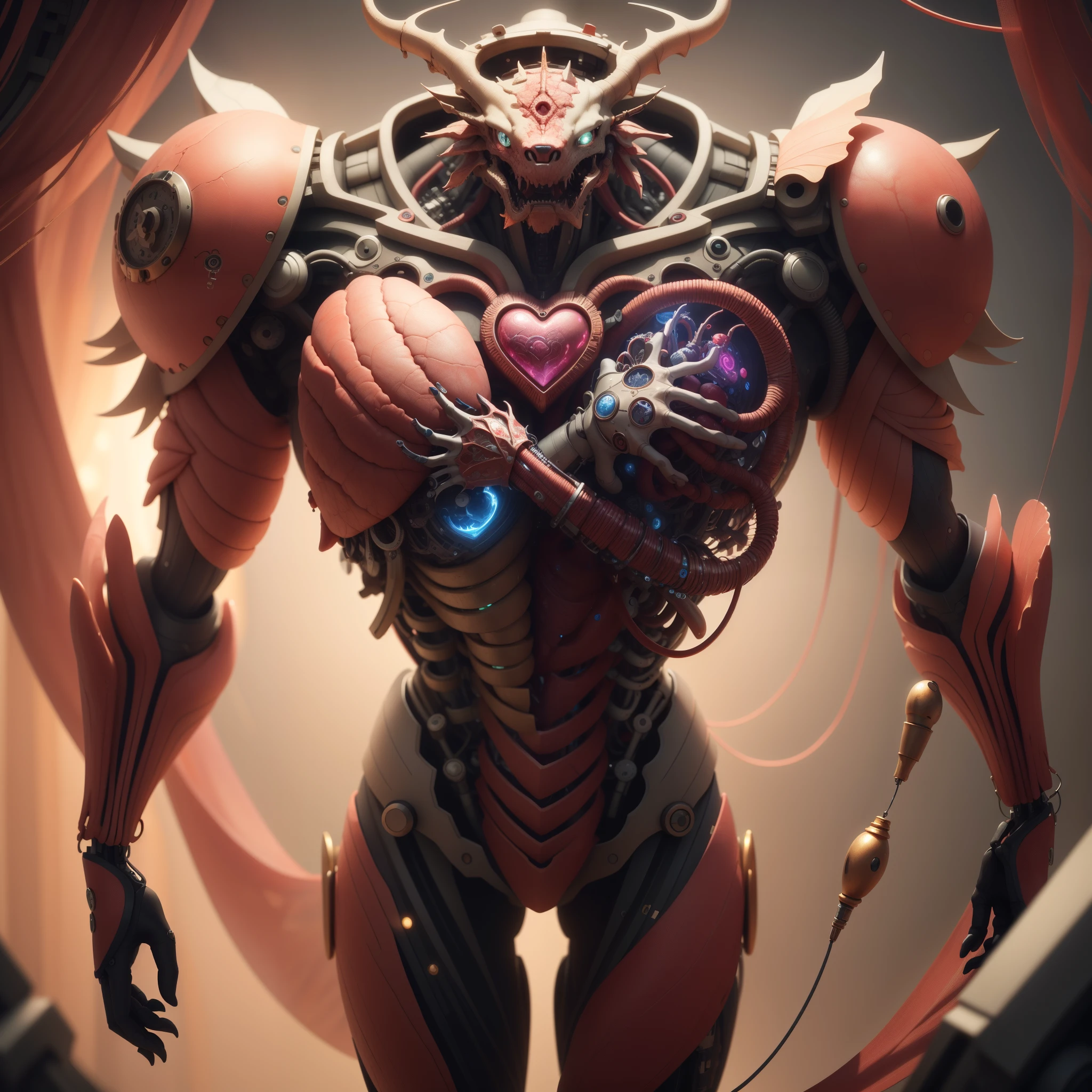 best qualtiy,tmasterpiece,Ultra-high resolution,(realisticlying:1.4),absurderes,intriguing,High color saturation,3D Anatomy,Glow-emitting pulsating veins,sci-fy,3D mechanical biological heart, fanciful,Beautiful 3D human heart decoration design,human heart,hisui/Gold and Copper/The golden dragon/Mechanical dial/Embedded in the heart of a living creature,BioPunkAI