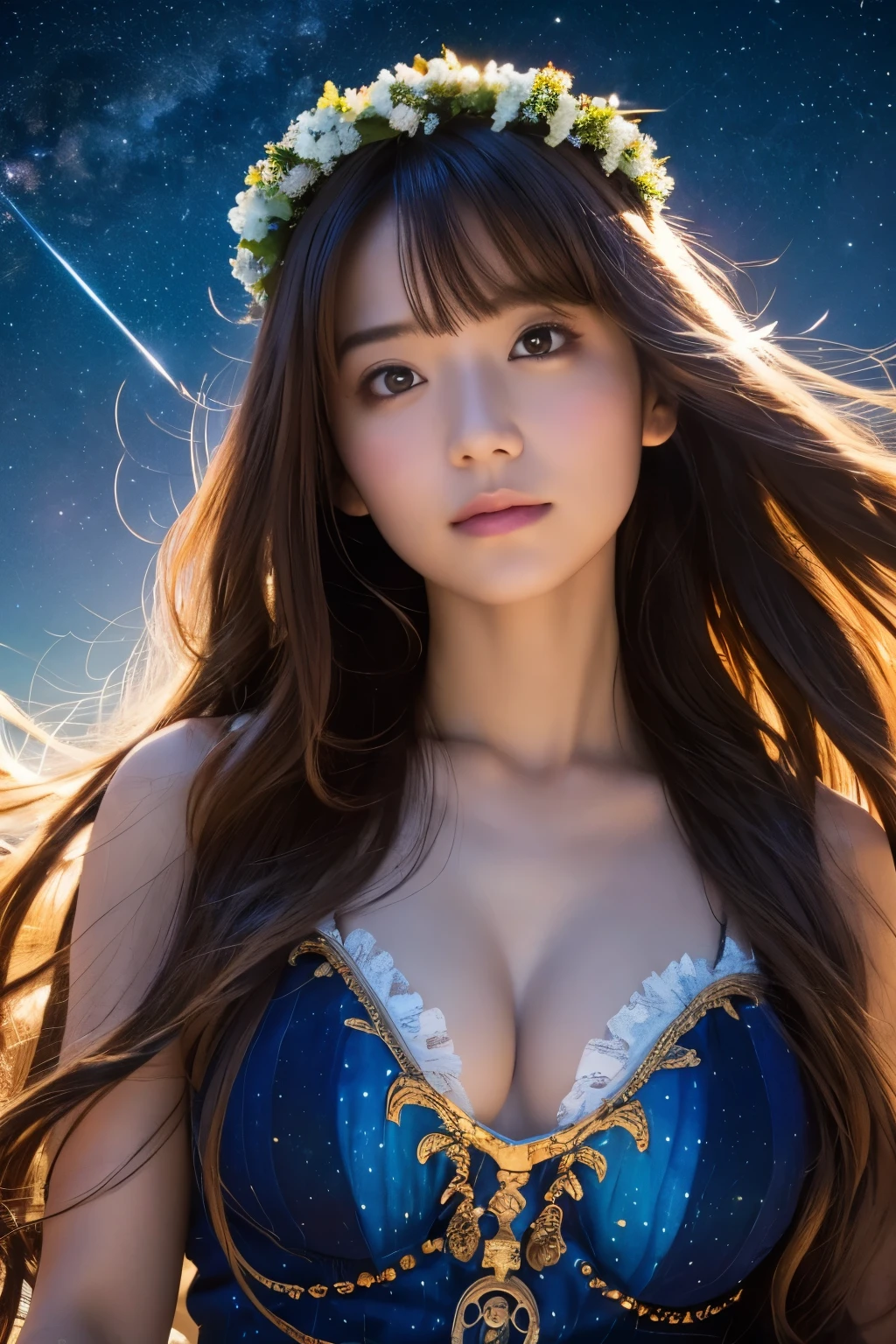 high quality, 最high quality, Tabletop, Detailed portrait of a woman 1 Girl, Long Hair, (floating, space, Milky Way, colorful), Warm lighting, goddess, Milky Way, scenery, colorful hair wreath, {{{最high quality}}}, {{Very detailed}}, {figure}, Movie angle, {Detailed light},Cinema Lighting, Celestial, Dynamic pose