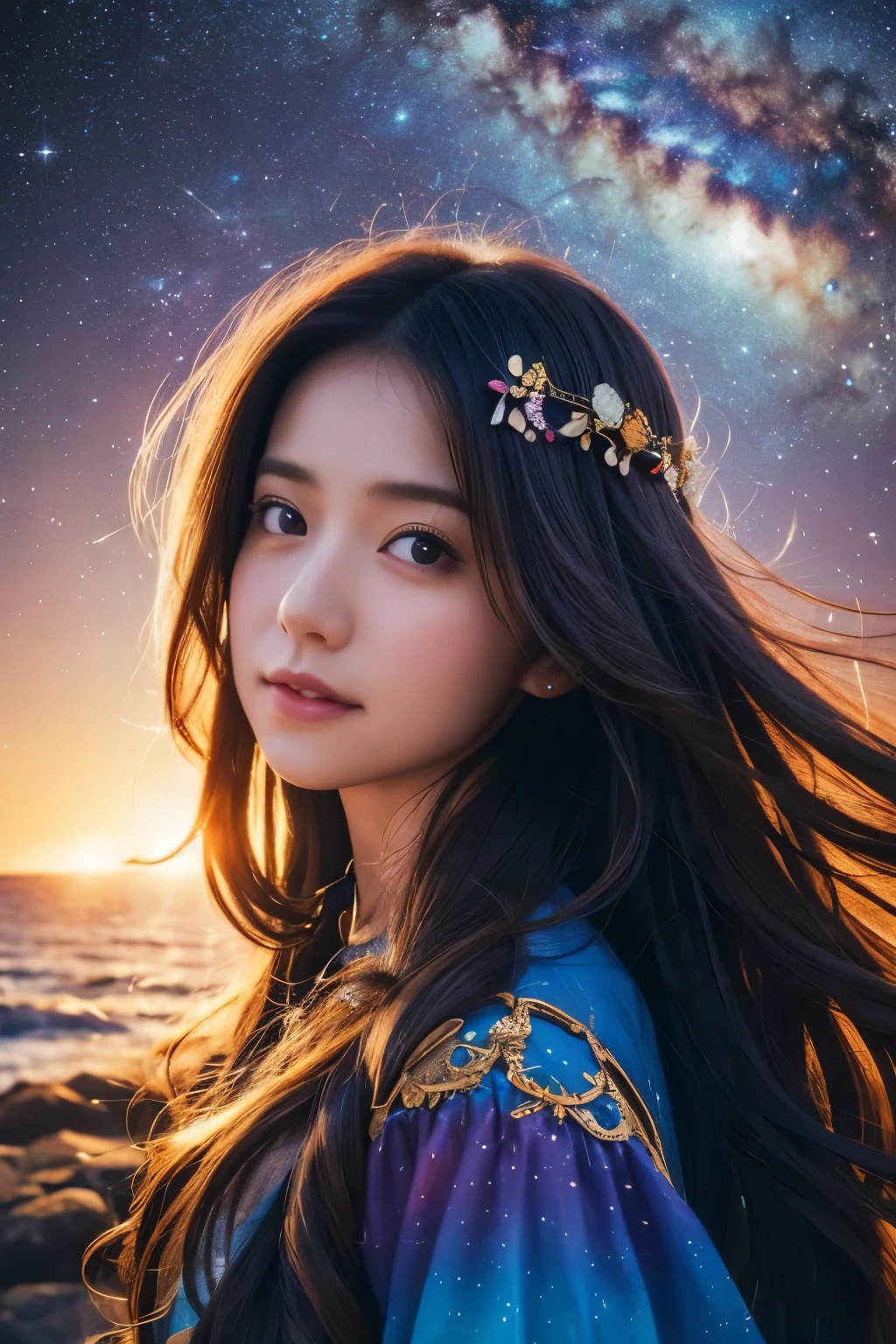 high quality, 最high quality, Tabletop, Detailed portrait of a woman 1 Girl, Long Hair, (floating, space, Milky Way, colorful), Warm lighting, goddess, Milky Way, scenery, colorful hair wreath, {{{最high quality}}}, {{Very detailed}}, {figure}, Movie angle, {Detailed light},Cinema Lighting, Celestial, Dynamic pose