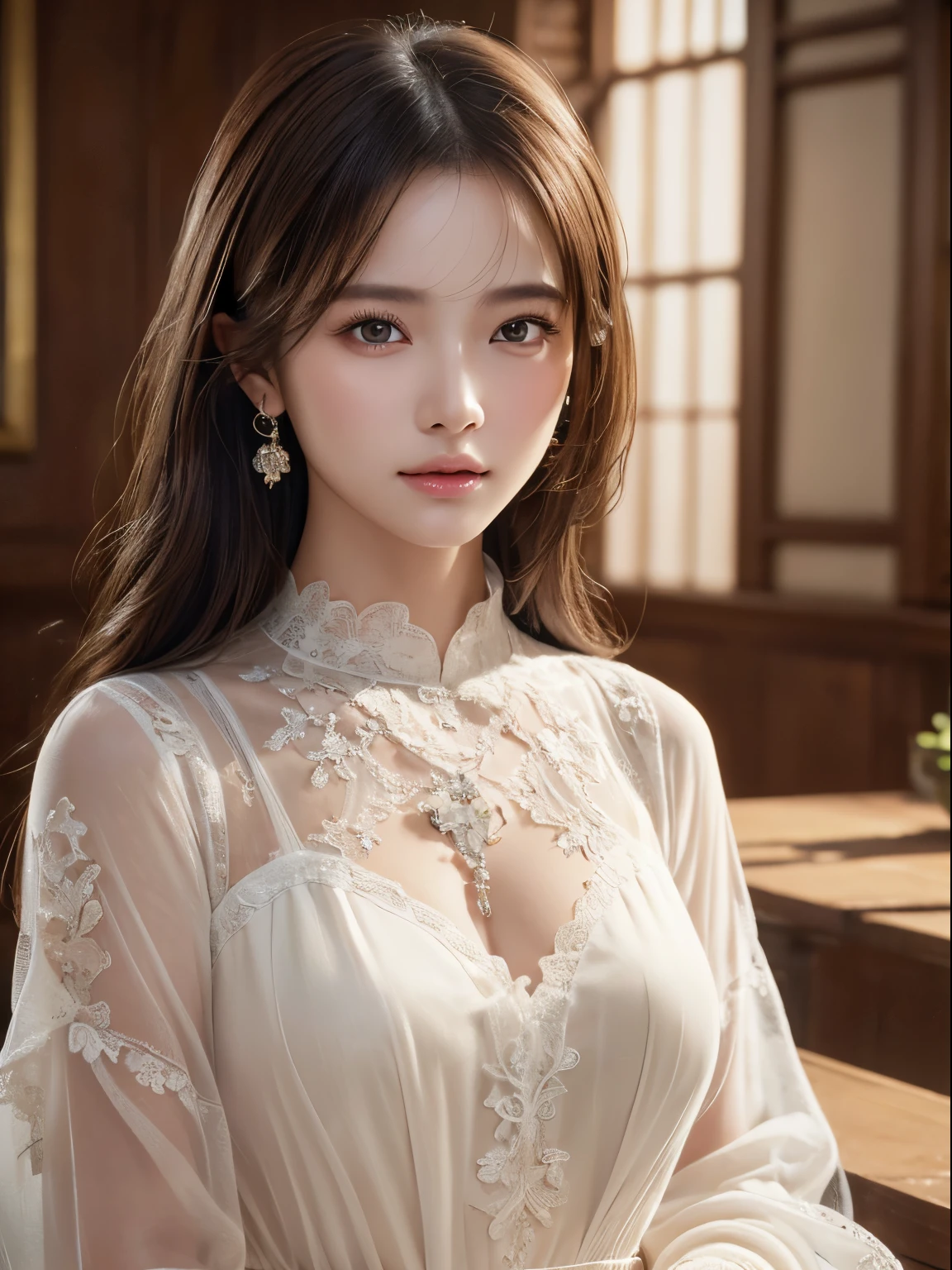 ((highest quality)),(超A high resolution),(Very detailed),(Detailed Description),((The best CG)),(masterpiece),Ultra-detailed art、(highest quality、8k、32k、masterpiece)、(Realistic)、(Realistic:1.2)、(High resolution)、Very detailed、Very beautiful face and eyes、1 female、((Narrow eyes、Droopy eyes:1.4、Fine grain))、Tight waist、Delicate body、(highest quality、Attention to detail、Rich skin detail)、(highest quality、8k、Oil paint:1.2)、Very detailed、(Realistic、Realistic:1.37)、Bright colors