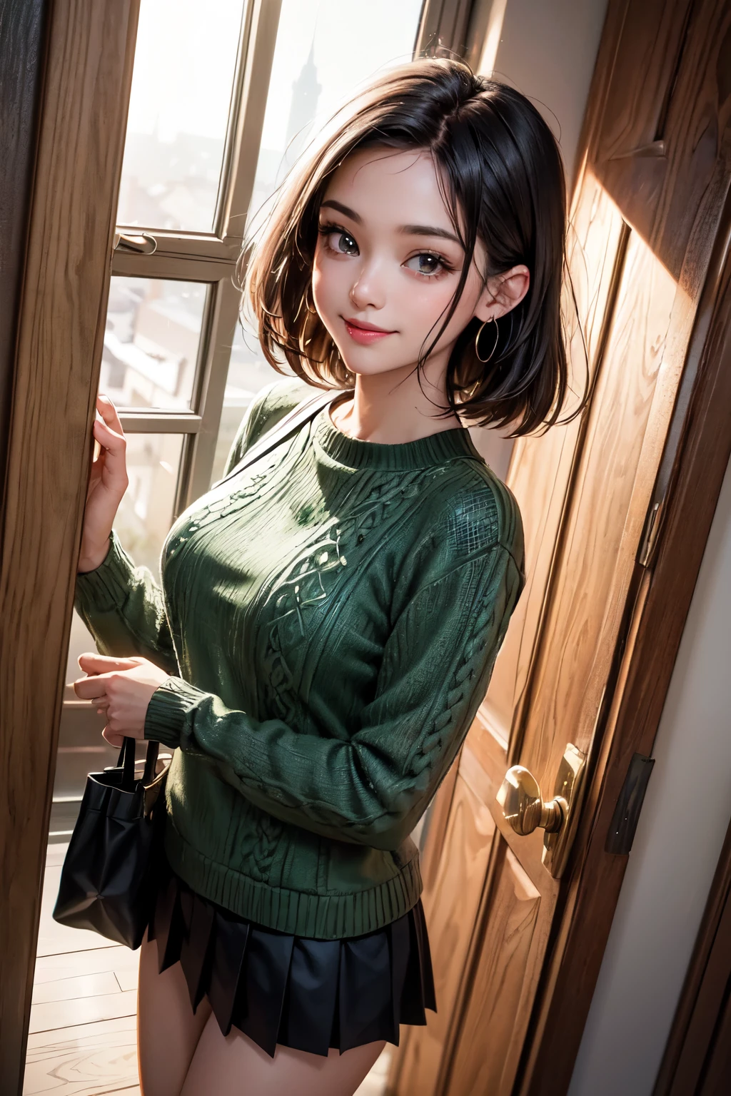 very cute and beautiful girl,(highly detailed beautiful face),
(smile:1.25),blush,embarrassed,looking at viewer,
(green sweater:1.13),cowboy shot,pleated black mini skirt,
standing in house door,town view,holding tote bag,black hair,
(best quality,masterpiece),absurdres,highres,ultra-detailed,extremely detailed,32k,8k resolution,
intricate details,cinematic scene,detailed background,solo,dynamic angle,aesthetic darkbrown eyes,