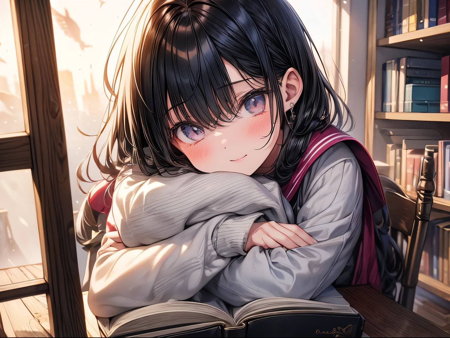 The 15-year-old anime girl sits at her desk, her eyes sparkling with excitement as she flips through the pages of her latest read. Her light hair falls in soft waves around her face, framing her delicate features. The bookshelves behind her are filled with a diverse collection of stories, each one holding a special place in her heart. As she reads, the world around her fades away, and she becomes lost in the vivid imagery of the story.