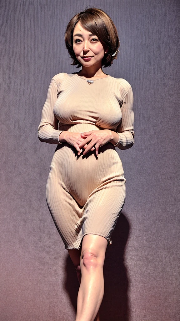 Japanese, mature, (alone), 60 years old, (Wrinkles around the eyes:1.2), Soft big breasts, Mature Woman, Super big , Glamour, Sexy, Watching the audience, Extra large breasts、Wearing a tight-fitting knit、Tight-fitting knit top 、mini skirt、Plump、Spread your legs、(Beige panties exposed)、