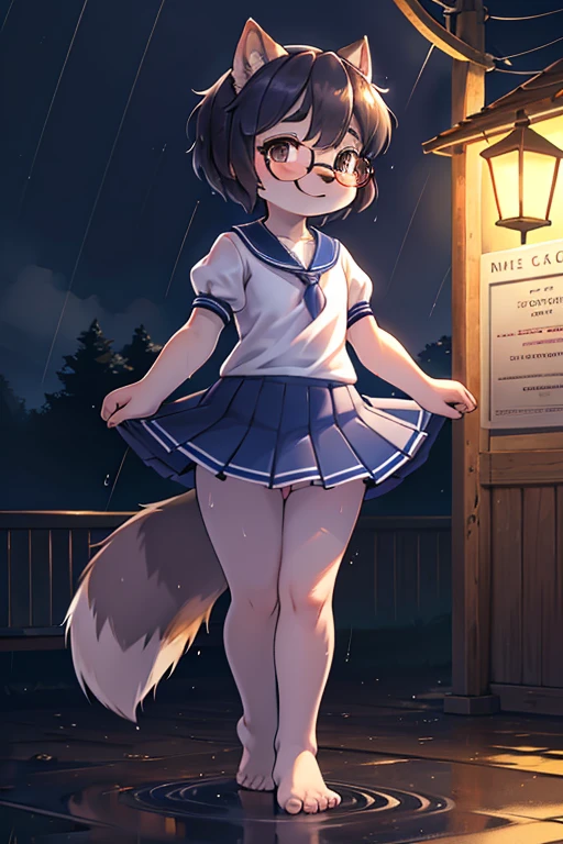 focus face , Precision depiction face , hairy racoon dog Short stature girl , (Short stature) , realistic hairy fur , round face , (tilt face:1.2) , Dull geek , (half-open eyes) , Swollen cheeks , glossy lips , euphoria smile , flat chest ,(barefoot:1.2) , (look away:1.2) , eyewear, relax white sailor uniform , navy skirt , midnight , heavy rain , Rural bus stop , Rural Scenery , Wet uniform , Dancing ballet in the rain , dynamic dance , Street lamp spotlight , En face ,croisee , efface , En avant , En bar , En haut , a la seconde , allonge