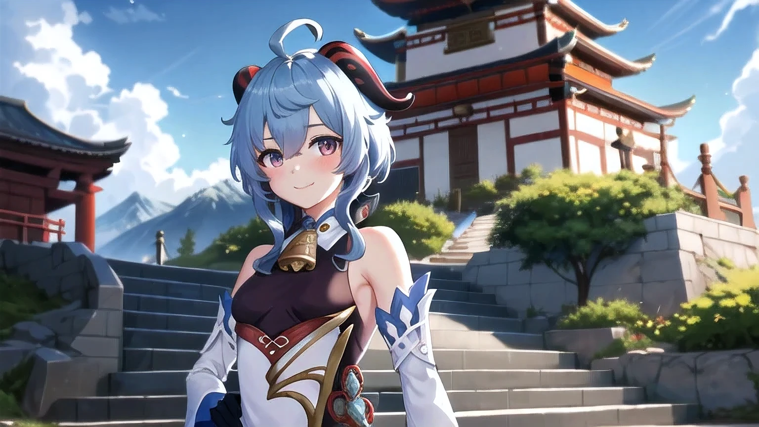 ganyudef, upper body, smile, blush, outdoors, day, simple background, blue sky, short hair, sky, temple, looking at viewer, stairs, mountain, moody lighting,