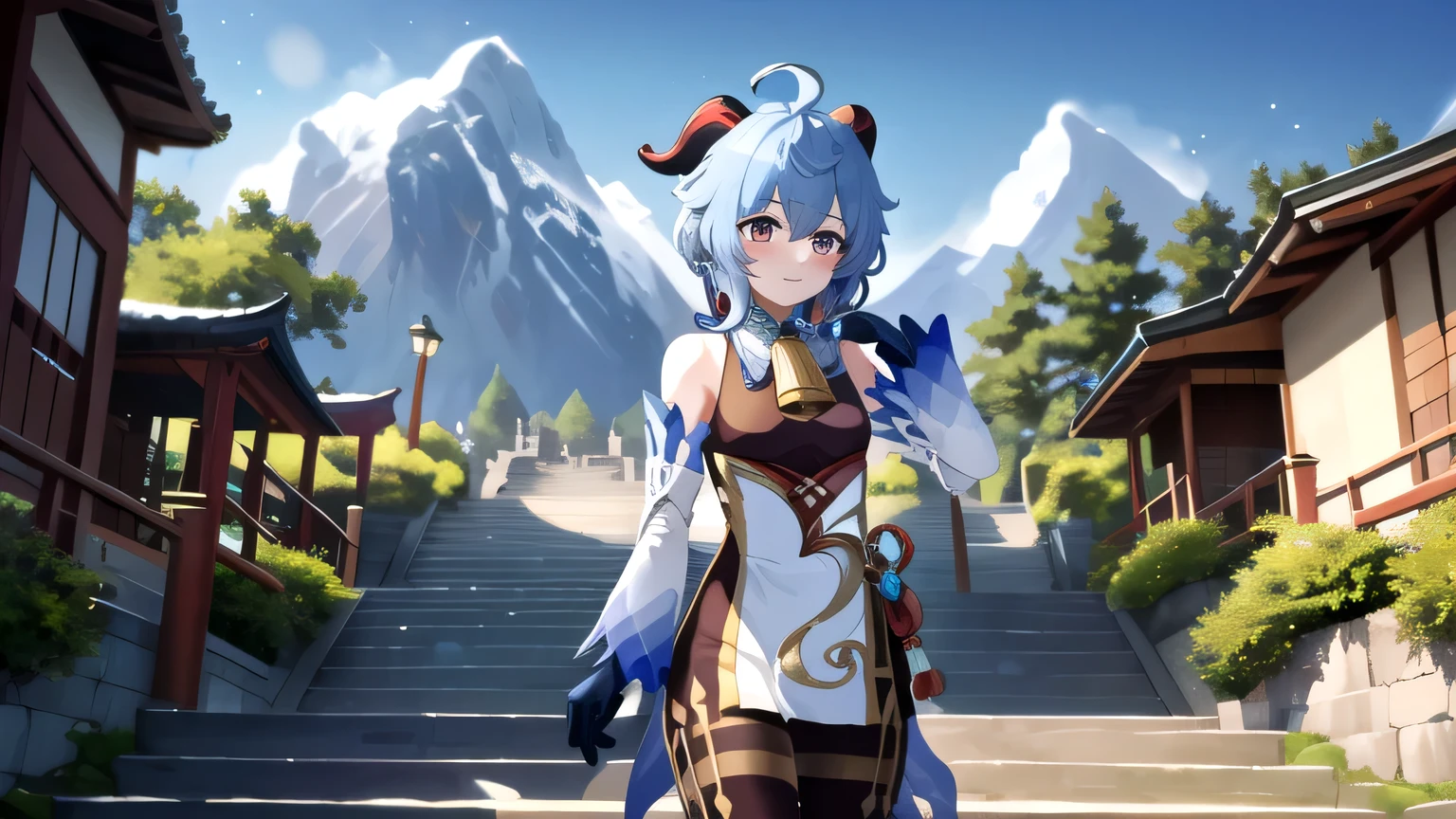ganyudef, upper body, smile, blush, outdoors, day, simple background, blue sky, short hair, sky, temple, looking at viewer, stairs, mountain, moody lighting,