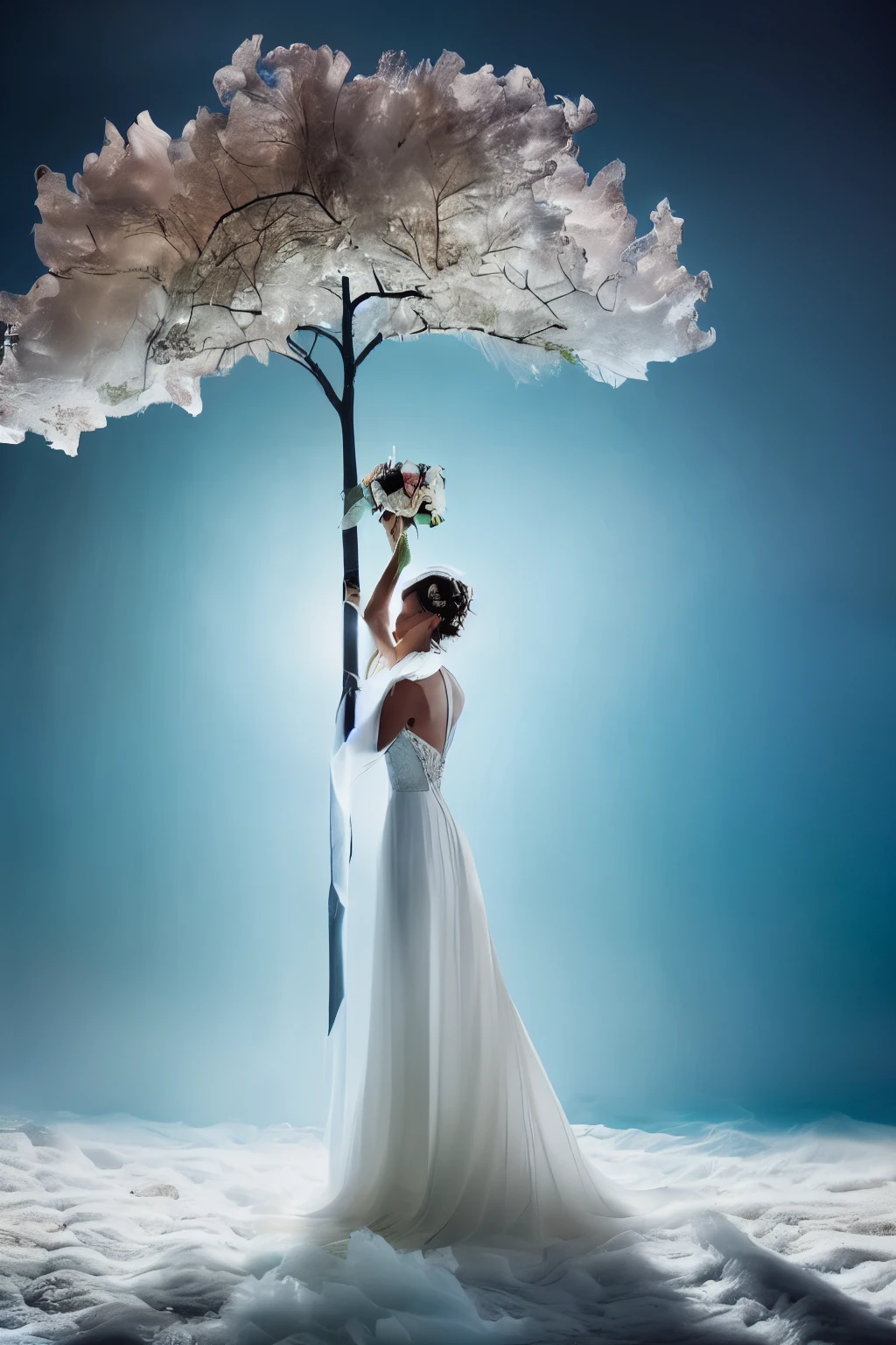 1girl,dress,solo,white dress,blue theme,black hair,short hair,long dress,standing,water,tree,looking at viewer,sleeveless,sleeveless dress,wide shot,flower,bare shoulders,surreal,bangs,see-through,full body,brown hair,wading,bare arms,closed mouth,ice,from side,blue eyes,blue background,looking to the side,black eyes,bare tree,see-through silhouette,arms at sides,barefoot,snow,wedding dress,pillar,whimsical transparent ice flowers,projection,