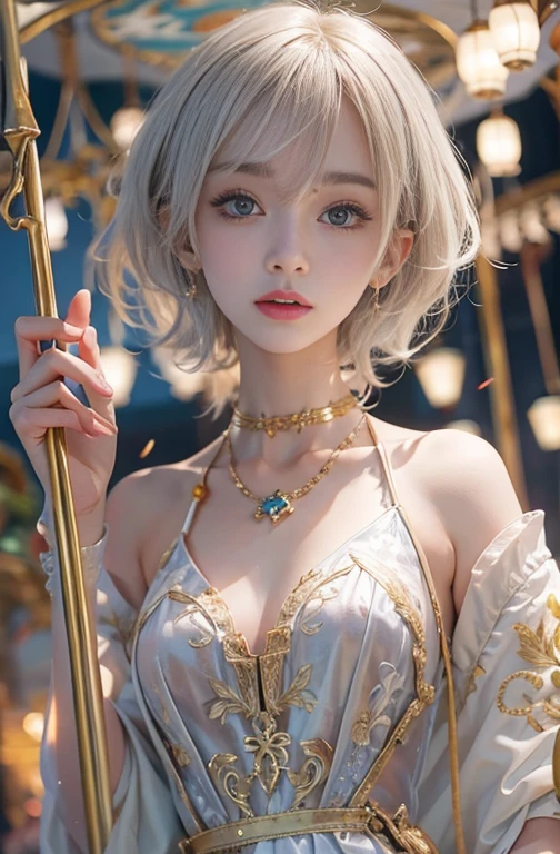 18-year-old, Wide-angle lens, Woman in ancient Greek costume、Woman enjoying merry-go-round at night,Shoulder out、thin、Serious expression、Short-haired、Deadly position, Gorgeous Necklace, Light milky porcelain skin, Smooth, Translucent white skin, Enchanting anime girl, Beautiful and seductive anime woman, Ultra realistic sweet bunny girl, Pale porcelain white skin, Smooth, Realistic and perfect body, Anime Girl Cosplay, Perfect body with realistic shadows, Switzerland&#39;masterpiece,