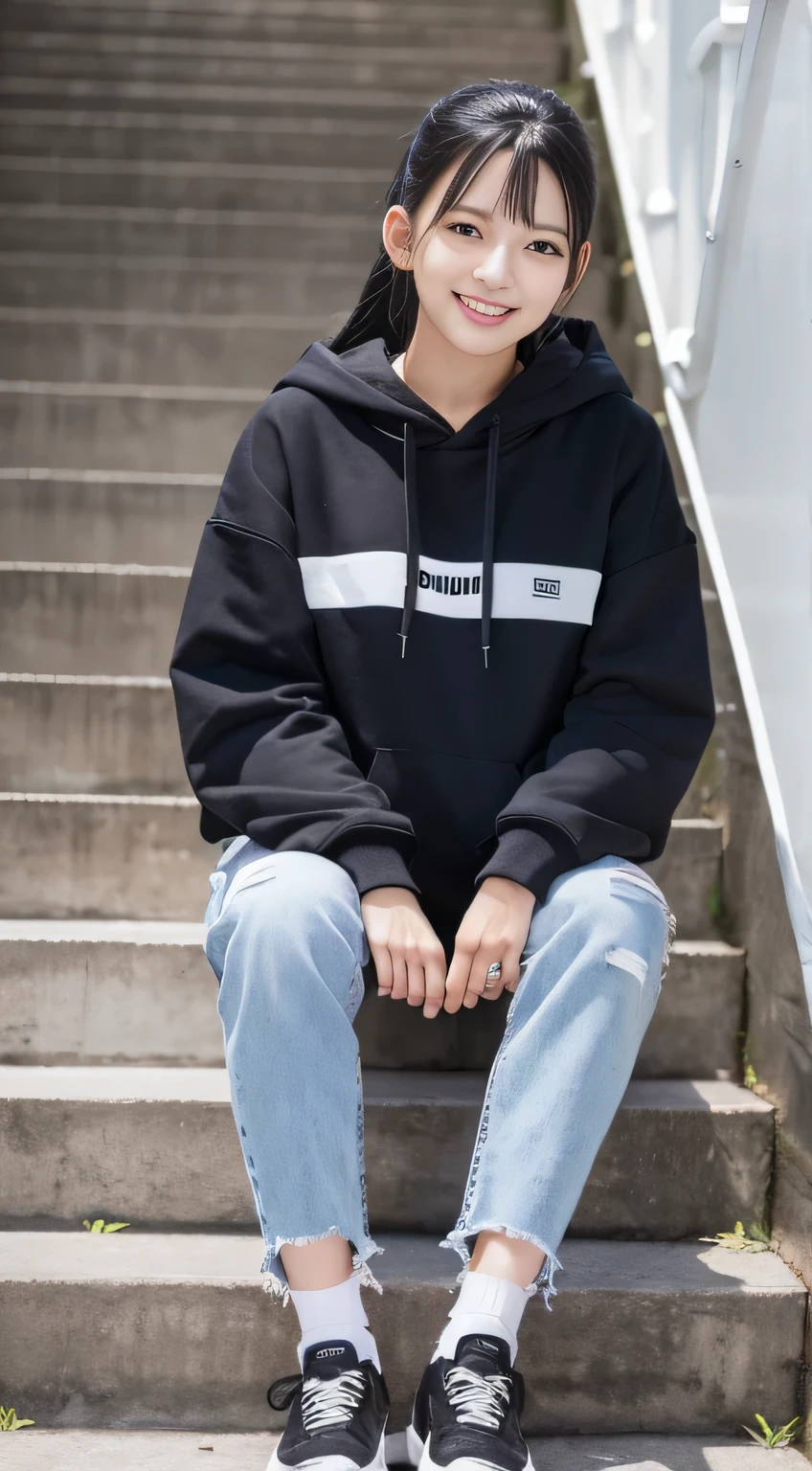 highest quality, Realistic, Very detailed, Finer details, High resolution, 8k wallpaper, One beautiful woman,Sit on the stairs、（Wear black socks）smile、（Beautiful teeth alignment、）（Gums are visible） Oversized hoodie, Skinny jeans,（ Black sneakers）、Black Hair、 Beautiful Bangs、ear piercing、Perfect dynamic composition, Beautiful and detailed, Full Body Shot, A big smile

