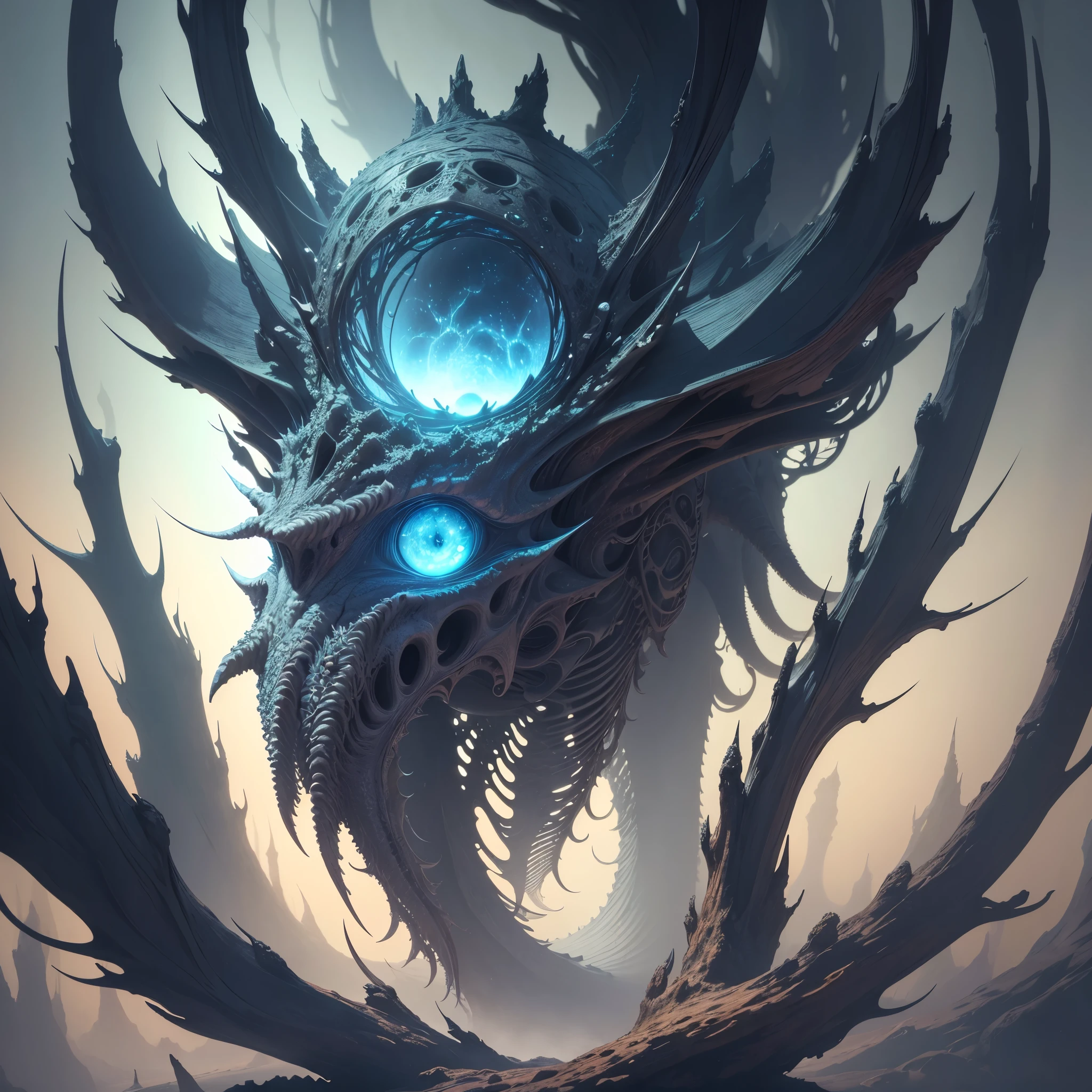 (highres,realistic:1.2),Tender Sci-fi monster,fractal art,alien creature,evocative eyes,otherworldly beauty,organic textures,ethereal landscape,enigmatic patterns,soft glowing colors,magical atmosphere,dreamlike,mesmerizing details,mind-bending shapes