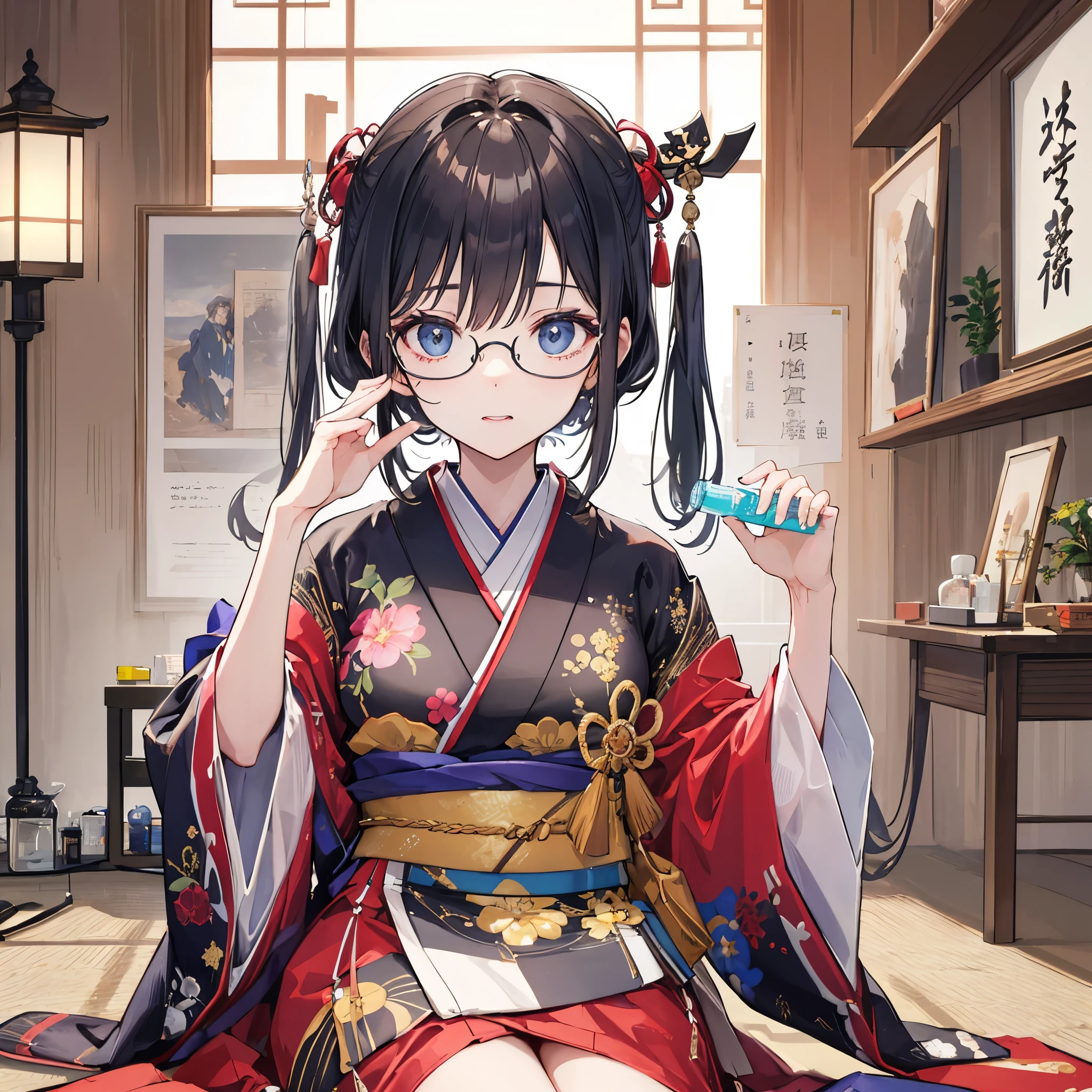 ((best quality)), ((masterpiece)), (detailed), Perfect face●Intelligent and mature woman wearing glasses。
●Childish face、Head, body and clothing，Please don&#39;t look too old.。
●Please let me feel the intelligence from the appearance。
●Please wear fictional Japanese-style costumes based on the theme of the Warring States Period。
●As a decorative part, it can carry medicine bottles and tool bags