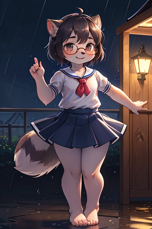 focus face , Precision depiction face , hairy racoon dog Short stature girl , (Short stature) , realistic hairy fur , round face , (tilt face:1.2) , Dull geek , (half-open eyes) , Swollen cheeks , glossy lips , euphoria smile , flat chest ,(barefoot:1.2) , (look away:1.2) , eyewear, relax white sailor uniform , navy skirt , midnight , heavy rain , Rural bus stop , Rural Scenery , Wet uniform , Dancing ballet in the rain , dynamic dance , Street lamp spotlight , En face ,croisee , efface , En avant , En bar , En haut , a la seconde , allonge