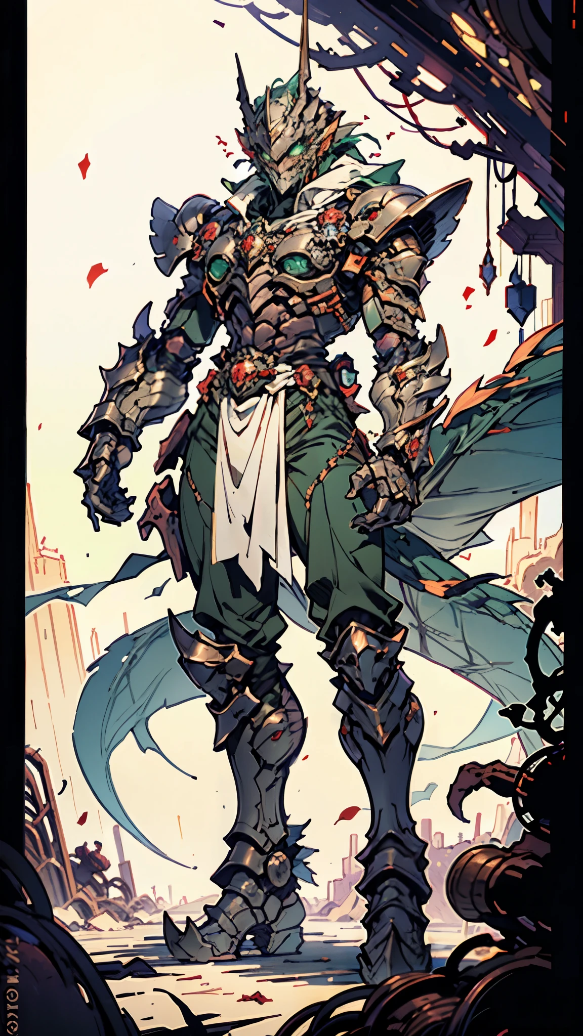 A man wearing a full-face helmet, a fantasy-style biotech armored combat suit, green eyes, (a composite layered chest armor), fully enclosed shoulder guards, matching arm and leg guards, the belt is adorned with dragon claw grasping orbs, (the color scheme is primarily black with red accents), the design balances heavy with agility, a high-tech bio-mecha armor, (Armor Concept Inspired by Dragons, stand on the top of a skyscraper in a futuristic sci-fi city), this character embodies a finely crafted fantasy-surreal style armored hero in anime style, exquisite and mature manga art style, (element, plasma, energy, the armor glows), ((male:1.5)), metallic, real texture material, dramatic, high definition, best quality, highres, ultra-detailed, ultra-fine painting, extremely delicate, professional, perfect body proportions, golden ratio, anatomically correct, symmetrical face, extremely detailed eyes and face, high quality eyes, creativity, RAW photo, UHD, 32k, Natural light, cinematic lighting, masterpiece-anatomy-perfect, masterpiece:1.5