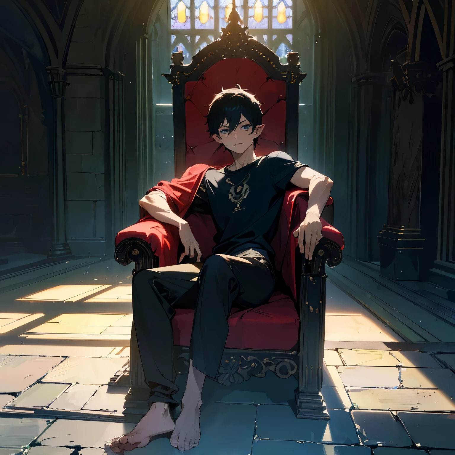 1man, 20 years old, male focus,muscular body, anime color, Okumura Rin, Ai no Exorcist, Tight black T-shirt, {very short hair black, blue eyes, pale skin, pointy ears,} long gym pants, bare feet, old long black trench sitting, crossed legs, (throne) looking down, from bottom, looking at viewer, annoyed,Inside a castle, cathedral window, ,(dramatic lighting), (((professional. highly detailed. HD. UHD. HDR. 16K. very high quality. clean. realistic anime. hyper realistic.))), newest