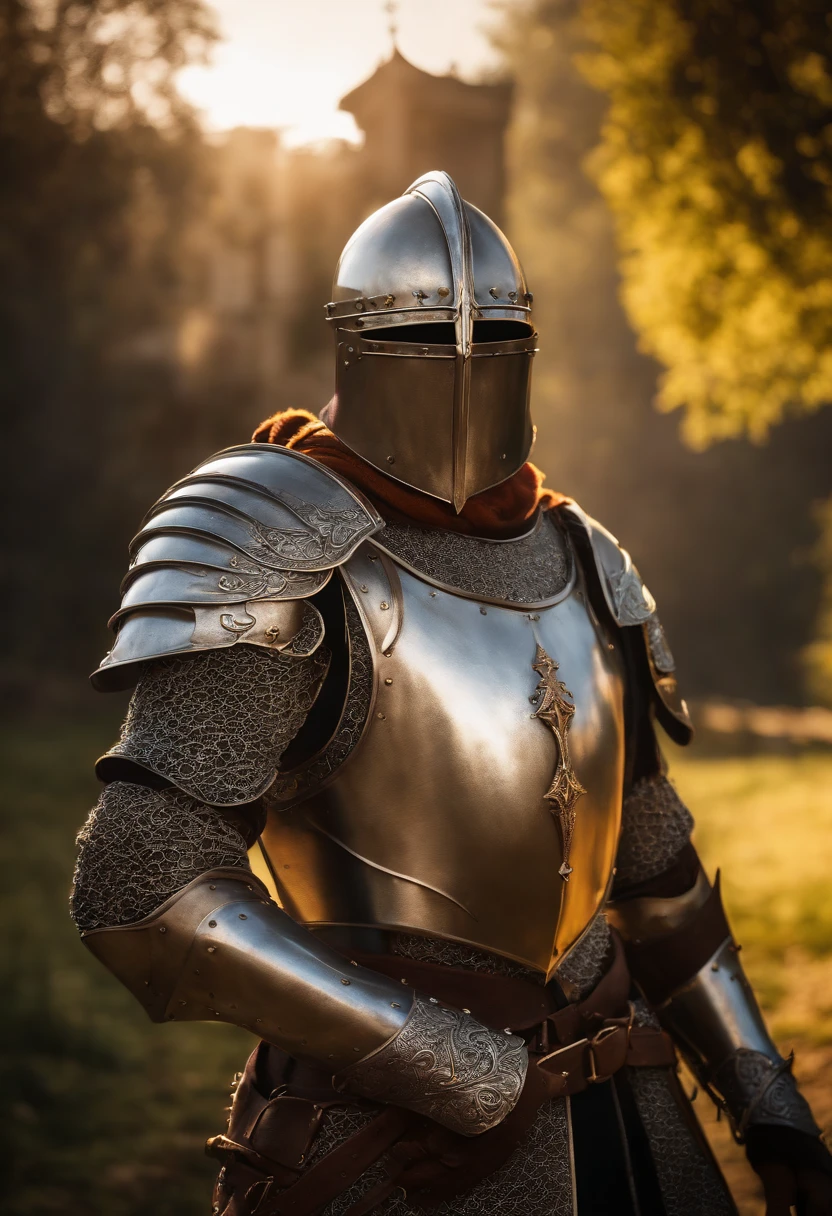 medieval armor), metal reflections, upper body, outdoors, intense sunlight, far away castle, professional photograph of a stunning man detailed, sharp focus, dramatic, award winning, cinematic lighting, octane render  unreal engine,  volumetrics dtx, (film grain, blurry background, 