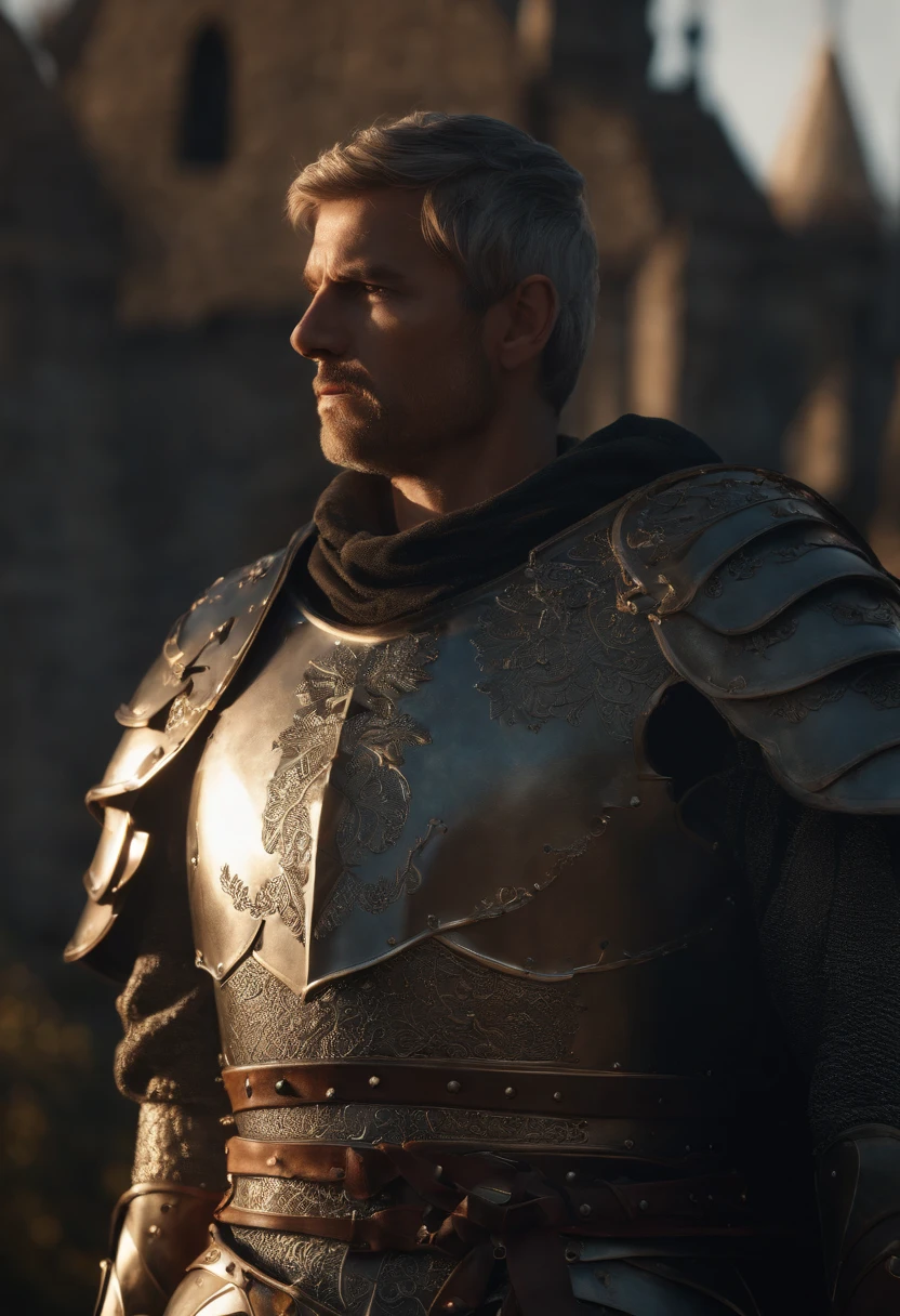 medieval armor), metal reflections, upper body, outdoors, intense sunlight, far away castle, professional photograph of a stunning man detailed, sharp focus, dramatic, award winning, cinematic lighting, octane render  unreal engine,  volumetrics dtx, (film grain, blurry background, 