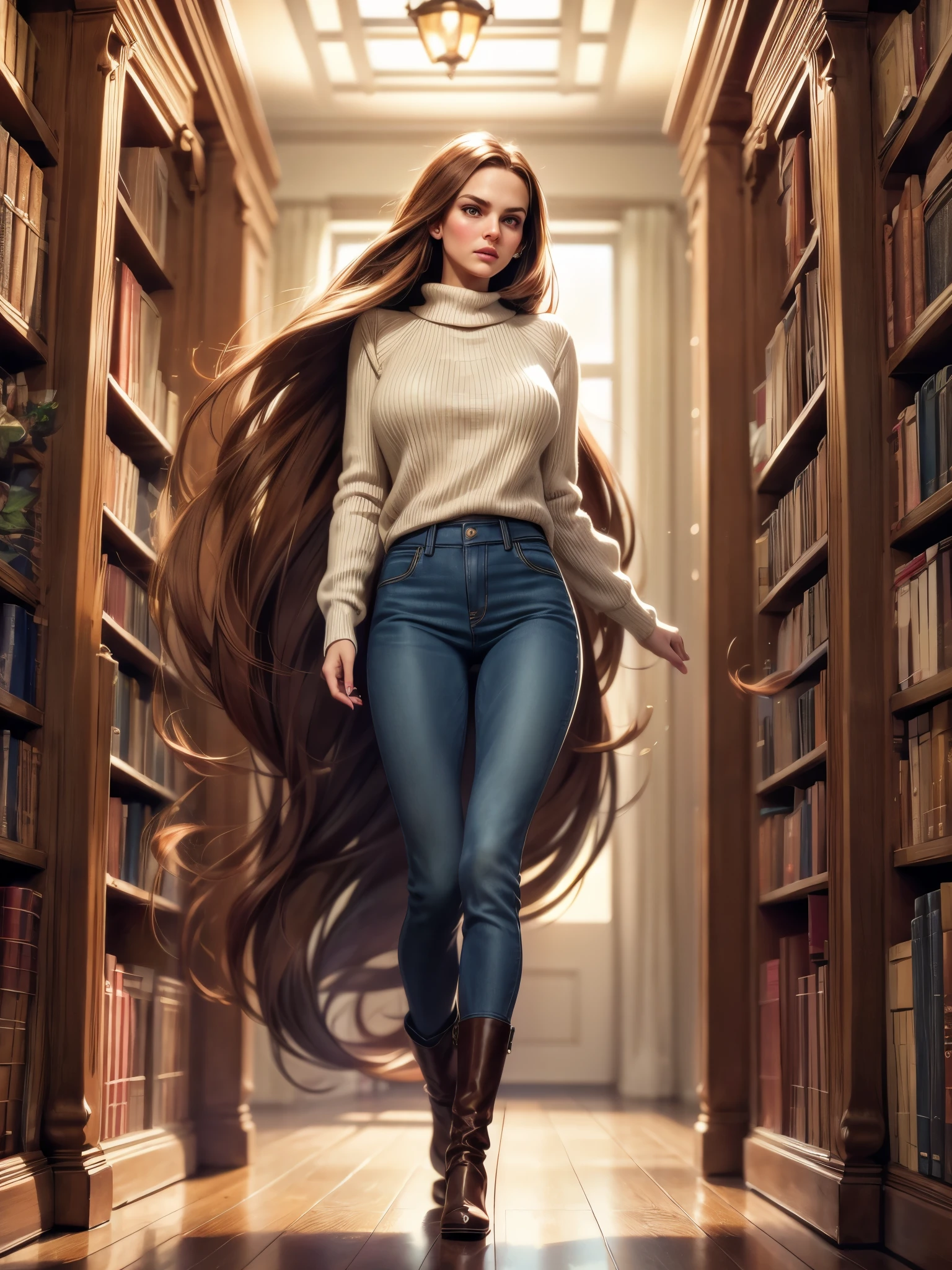 eye level, full body view, Natalie Portman, sfw, slim, soft lighting, young, (extremely tall body:1.5), (melancholy:1.25), (very long legs:1.25), walking, symmetric breasts, detailed symmetric eyes, librarian, polished wood floors, hanging frosted glass light globe, reading desk, bookshelves, auburn hair, long baggy jeans, knee-high leather boots, long knit sweater, bookshelves, library, long full hair, colossal breasts