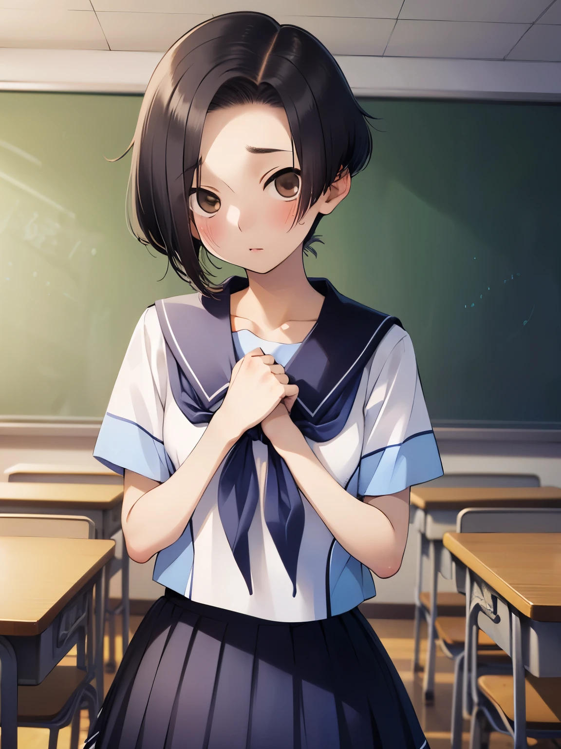 NSFW,Aarinko、short hair、Black Hair、Bobcut、Serafuku、Sailor collar、Blue neckerchief、White Shirt、Short sleeve、Pleated skirt、Blue Skirt,Embarrassed,blush,(Perfect hands),(Perfect Anatomy),(masterpiece),(highest quality),Looking up,Lonely look,School,classroom,looking at the camera