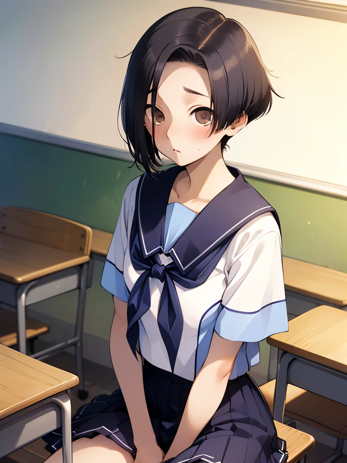 NSFW,Aarinko、short hair、Black Hair、Bobcut、Serafuku、Sailor collar、Blue neckerchief、White Shirt、Short sleeve、Pleated skirt、Blue Skirt,Embarrassed,blush,(Perfect hands),(Perfect Anatomy),(masterpiece),(highest quality),Looking up,Lonely look,School,classroom,looking at the camera