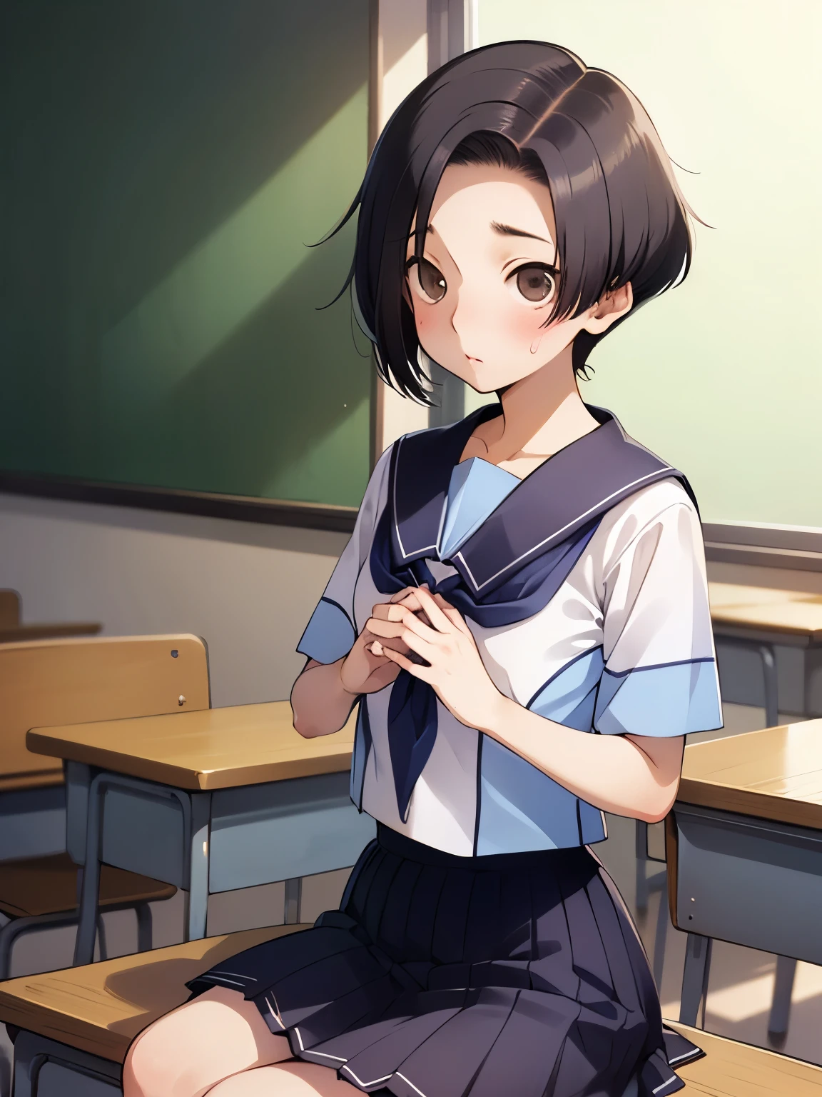 NSFW,Aarinko、short hair、Black Hair、Bobcut、Serafuku、Sailor collar、Blue neckerchief、White Shirt、Short sleeve、Pleated skirt、Blue Skirt,Embarrassed,blush,(Perfect hands),(Perfect Anatomy),(masterpiece),(highest quality),Looking up,Lonely look,School,classroom,looking at the camera