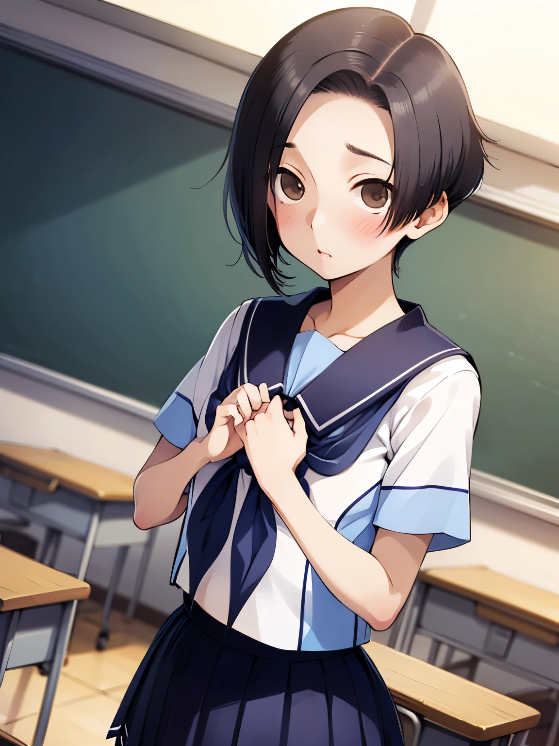 NSFW,Aarinko、short hair、Black Hair、Bobcut、Serafuku、Sailor collar、Blue neckerchief、White Shirt、Short sleeve、Pleated skirt、Blue Skirt,Embarrassed,blush,(Perfect hands),(Perfect Anatomy),(masterpiece),(highest quality),Looking up,Lonely look,School,classroom,looking at the camera