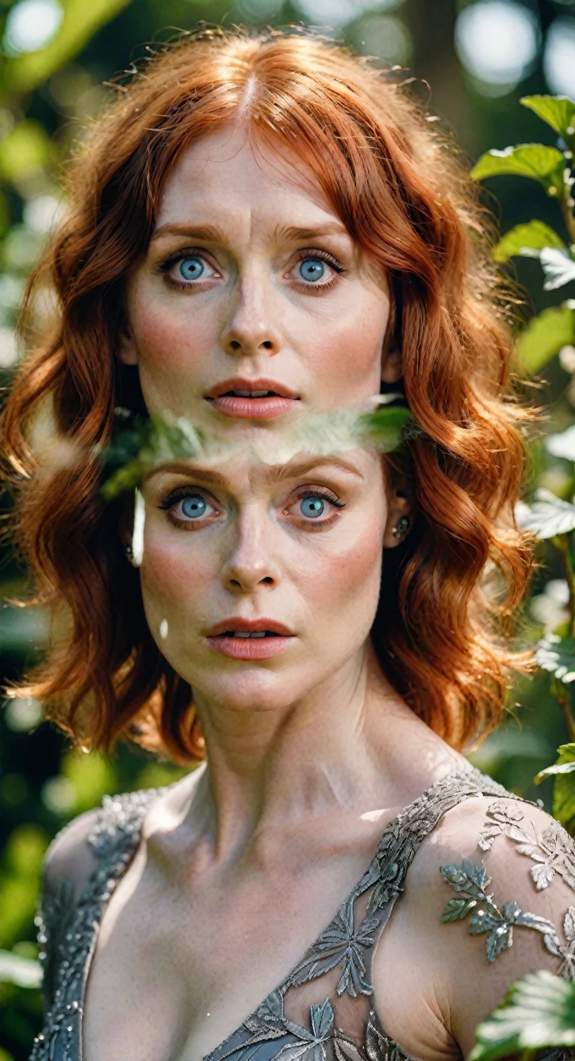 (best quality,ultra-detailed), (Bryce Dallas Howard) with a shocked expression, detailed eyes and face, long eyelashes, not perfect skin with visible pores, (Art Deco) design, double exposure style, (detailed background) of a rural garden.