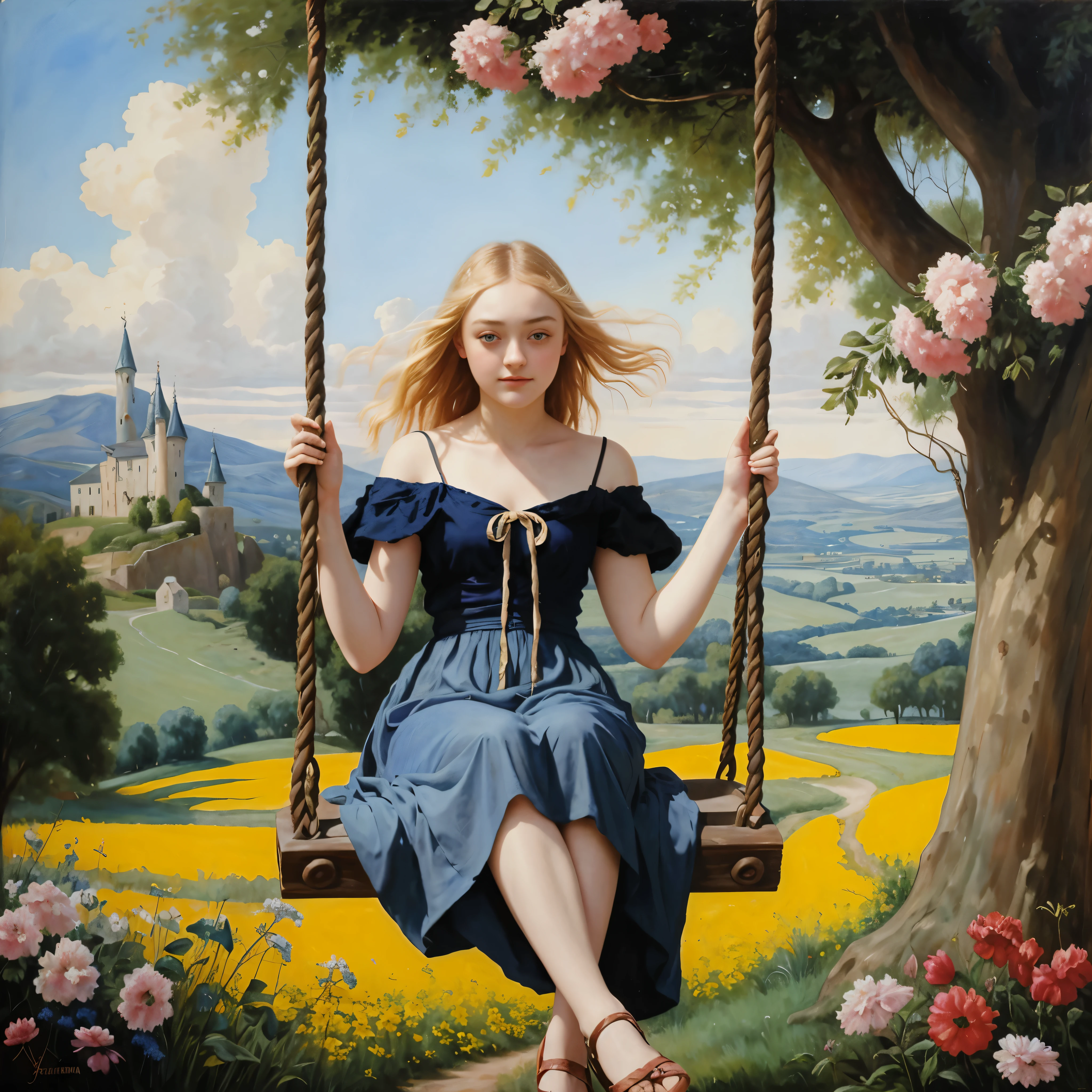 oil painting of a young woman with resemblance to Dakota Fanning, posando en un columpio en el campo, lleno de flores, sensualidad, al fondo hay un castillo lejano, Adolphe Bouguereau style
