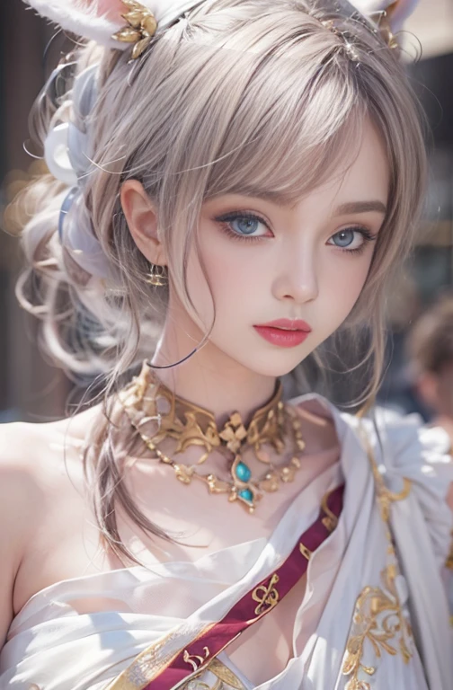 18-year-old, Close up portrait of woman in Ancient Greek clothing、Shoulder out、thin、Serious expression、Short-haired、Deadly position, Gorgeous Necklace, Light milky porcelain skin, Smooth, Translucent white skin, Enchanting anime girl, Beautiful and seductive anime woman, Ultra realistic sweet bunny girl, Pale porcelain white skin, Smooth, Realistic and perfect body, Anime Girl Cosplay, Perfect body with realistic shadows, Switzerland&#39;Masterpiece