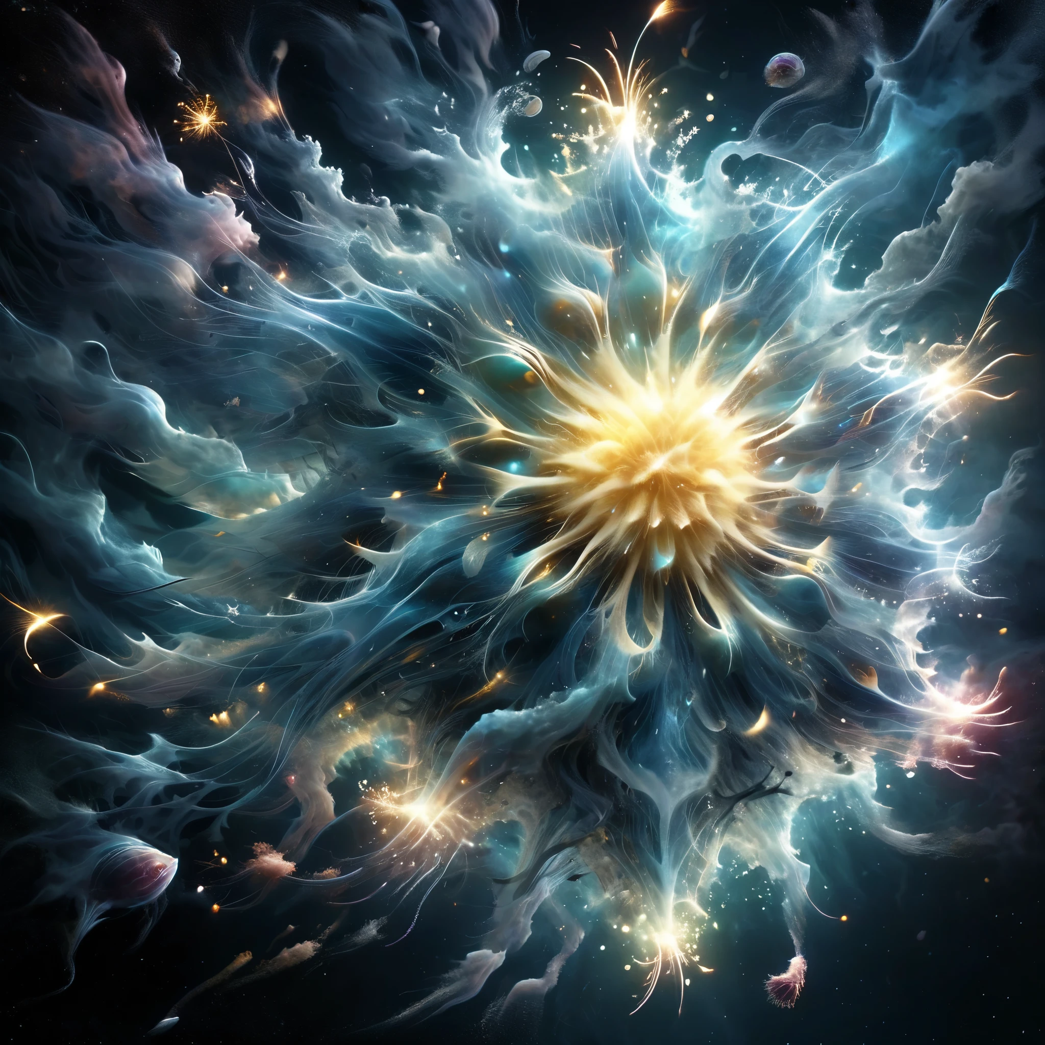Blend fantasy and reality as 3D fireworks merge with ethereal fractal creatures, symbolizing the sea, their fractal fusion creating a mesmerizing spectacle of light and color, where the boundaries between the real and the surreal blur into infinity. Style of HR Giger