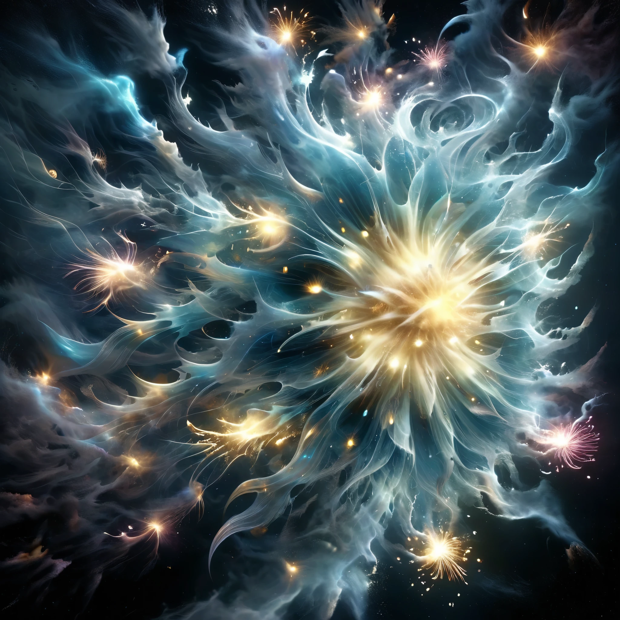 Blend fantasy and reality as 3D fireworks merge with ethereal fractal creatures, symbolizing the sea, their fractal fusion creating a mesmerizing spectacle of light and color, where the boundaries between the real and the surreal blur into infinity. Style of HR Giger
